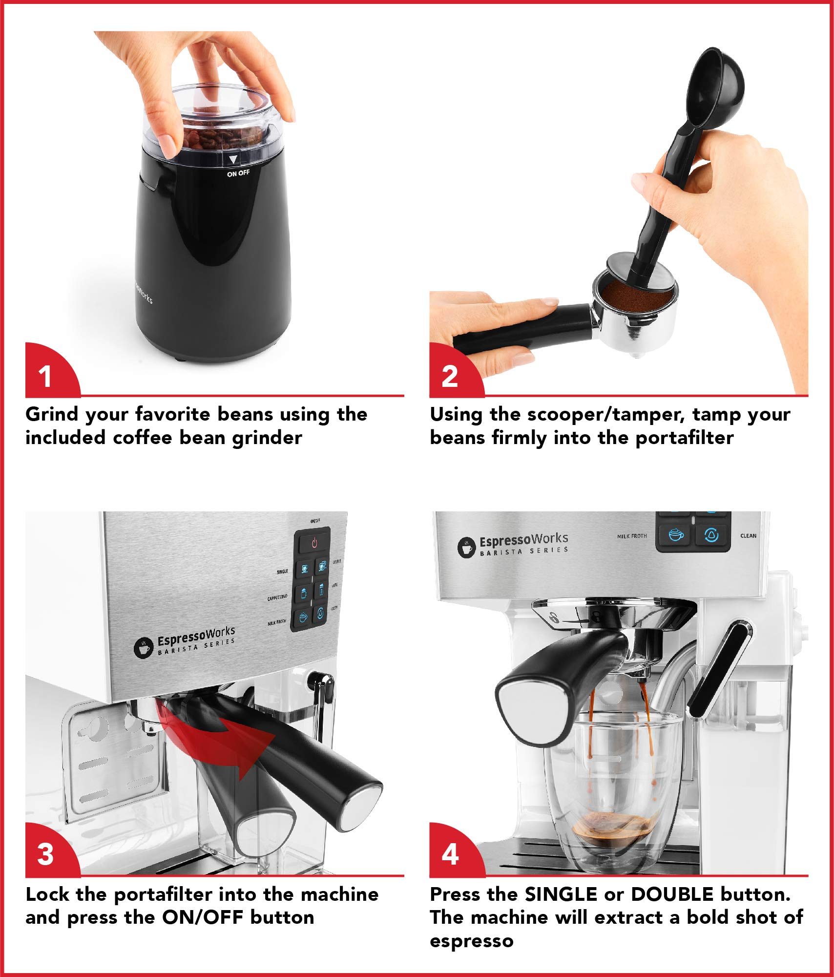 EspressoWorks 19-Bar Professional Espresso Machine with Milk Frother - 10-Piece Coffee Maker Set for Latte & Cappuccino - 1250W One-Touch Brewing System - Perfect White Coffee Machine for Home & Office Use