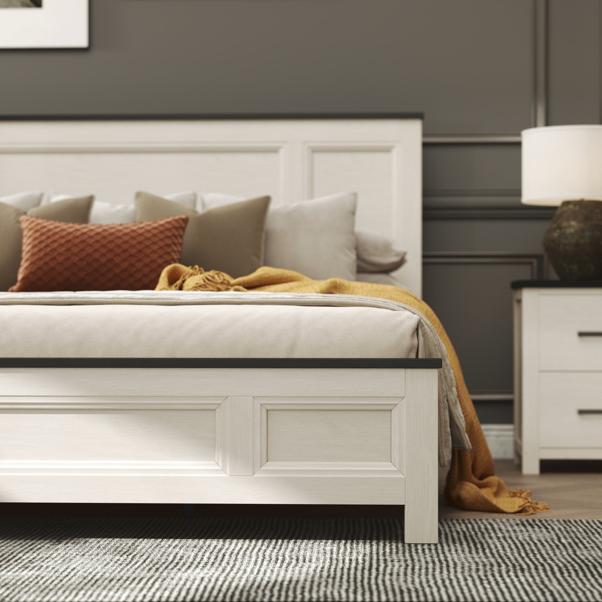 Roundhill Furniture Realynn Wood Bedroom Collection - Queen Size Bed Frame, Nightstand & Dresser Set in Off White Finish | Modern Farmhouse Style for Master Bedroom & Guest Room Decor
