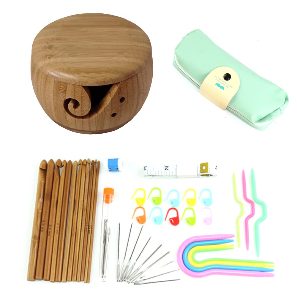 Handmade Wooden Yarn Bowl with Cover - 12 Piece Crochet Hook Set for Knitting & Crocheting - Yarn Storage Bowl with Holes for Smooth Yarn Feeding - Perfect for DIY Crafts, Home Decor & Gift Giving