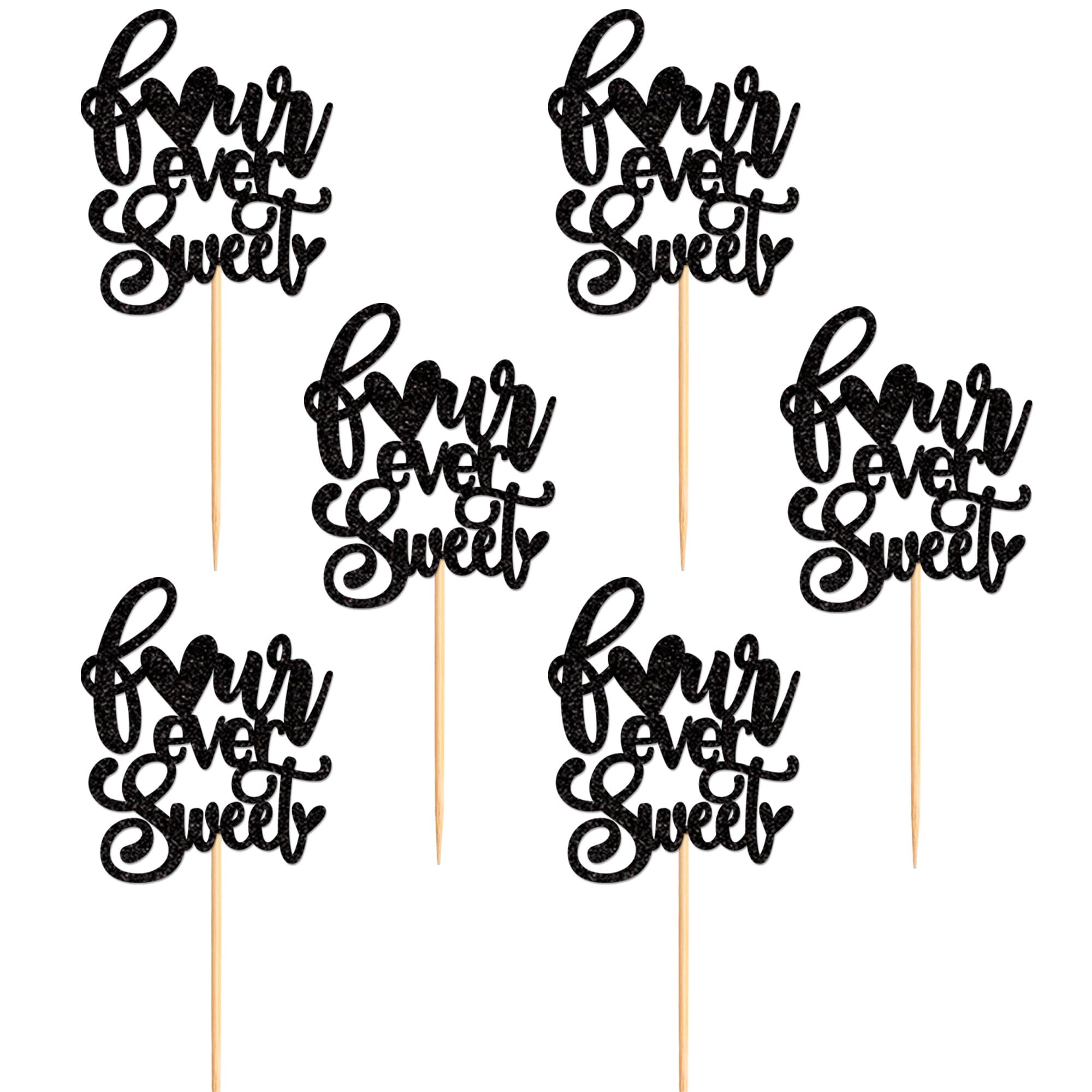 24 Pack Black Glitter Four Ever Sweet Cupcake Toppers - Premium Cake Decorations for Baby Showers, Kids 4th Birthday Parties & Themed Celebrations - Perfect for Dessert Tables, Wedding Cakes & DIY Baking Projects