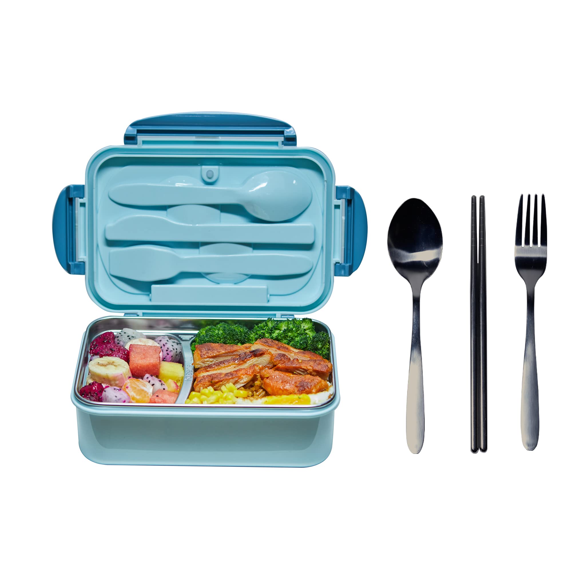 LGDPT Stainless Steel Bento Lunch Box 1400ML - BPA-Free & Food-Safe Adult & Kids Lunch Container with Spoon & Fork - Perfect for School, Office, Picnics & Meal Prep (Blue)