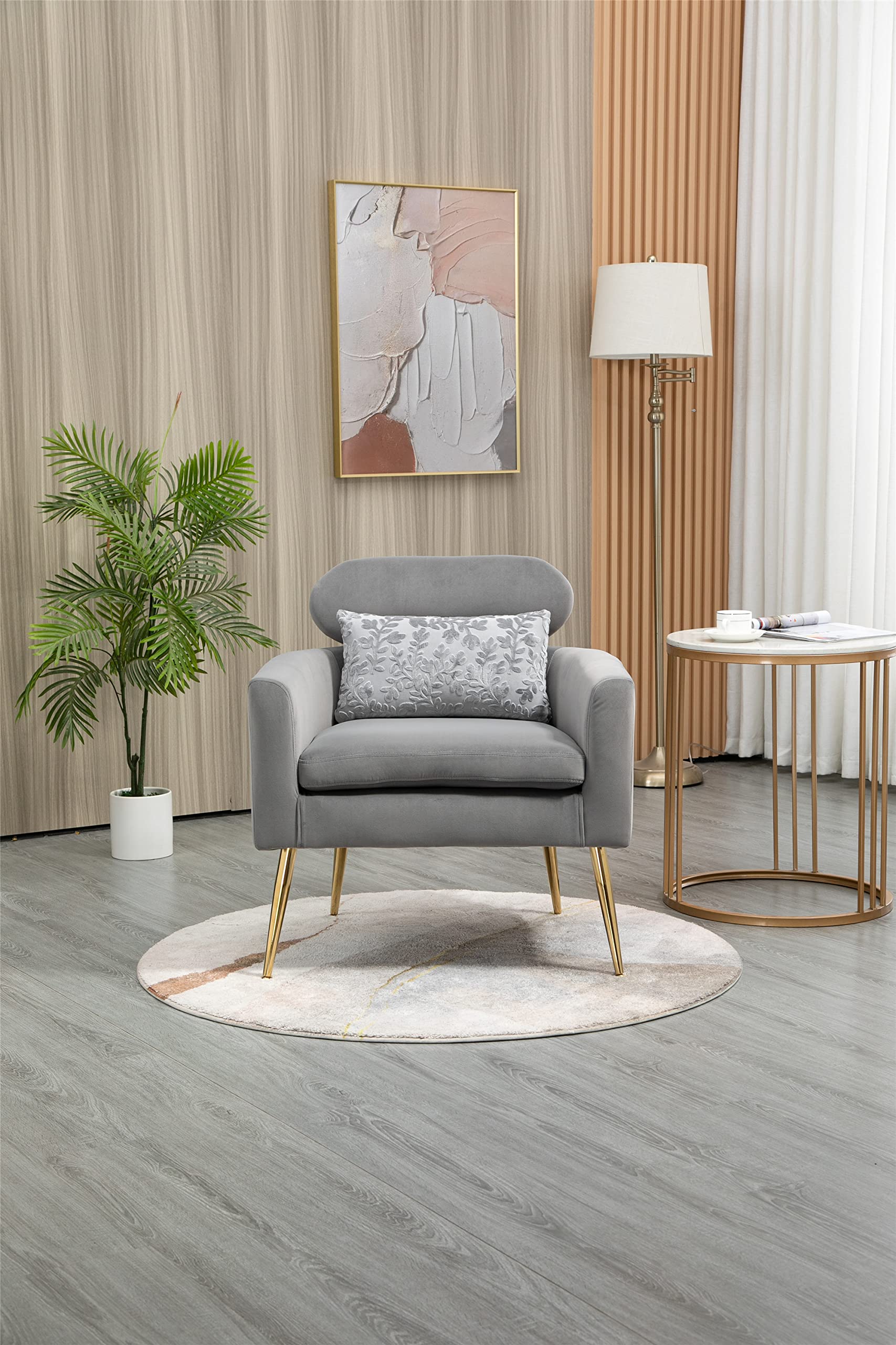 Goujxcy Modern Accent Armchair with Thick Cushion & Golden Legs - Upholstered Living Room Chair, Reading Sofa for Bedroom (Grey) - Perfect for Home Office, Lounge & Small Spaces