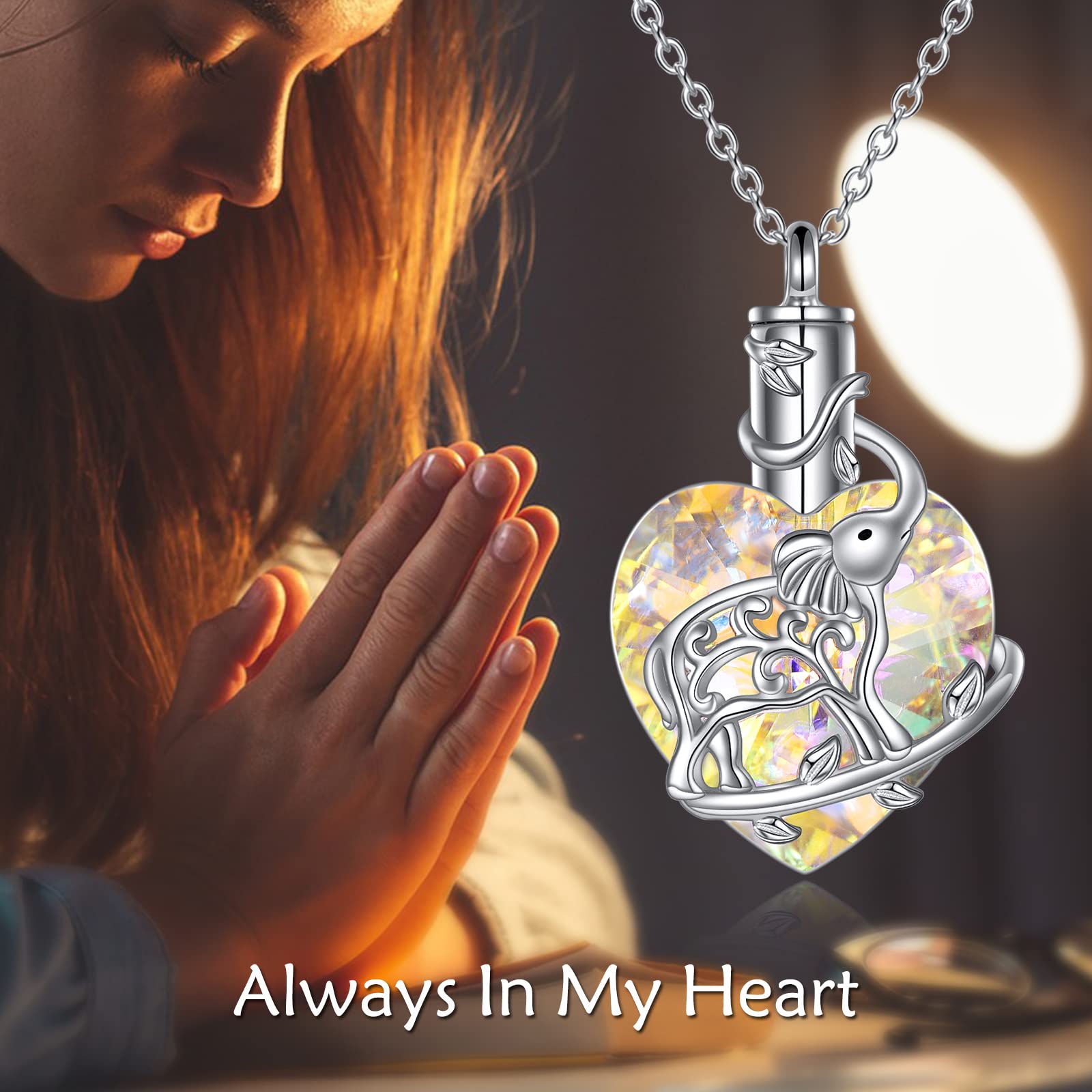 YFN Elephant Heart Crystal Urn Necklace for Ashes - Sterling Silver Cremation Jewelry with Crystal - Memorial Keepsake Gift for Women - Perfect for Honoring Loved Ones & Special Occasions