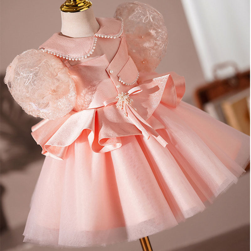 Baby Girl Birthday Party Dress - Puff Sleeve Princess Gown with Doll Neckline | Perfect for 1st Birthday, Photoshoots & Special Occasions
