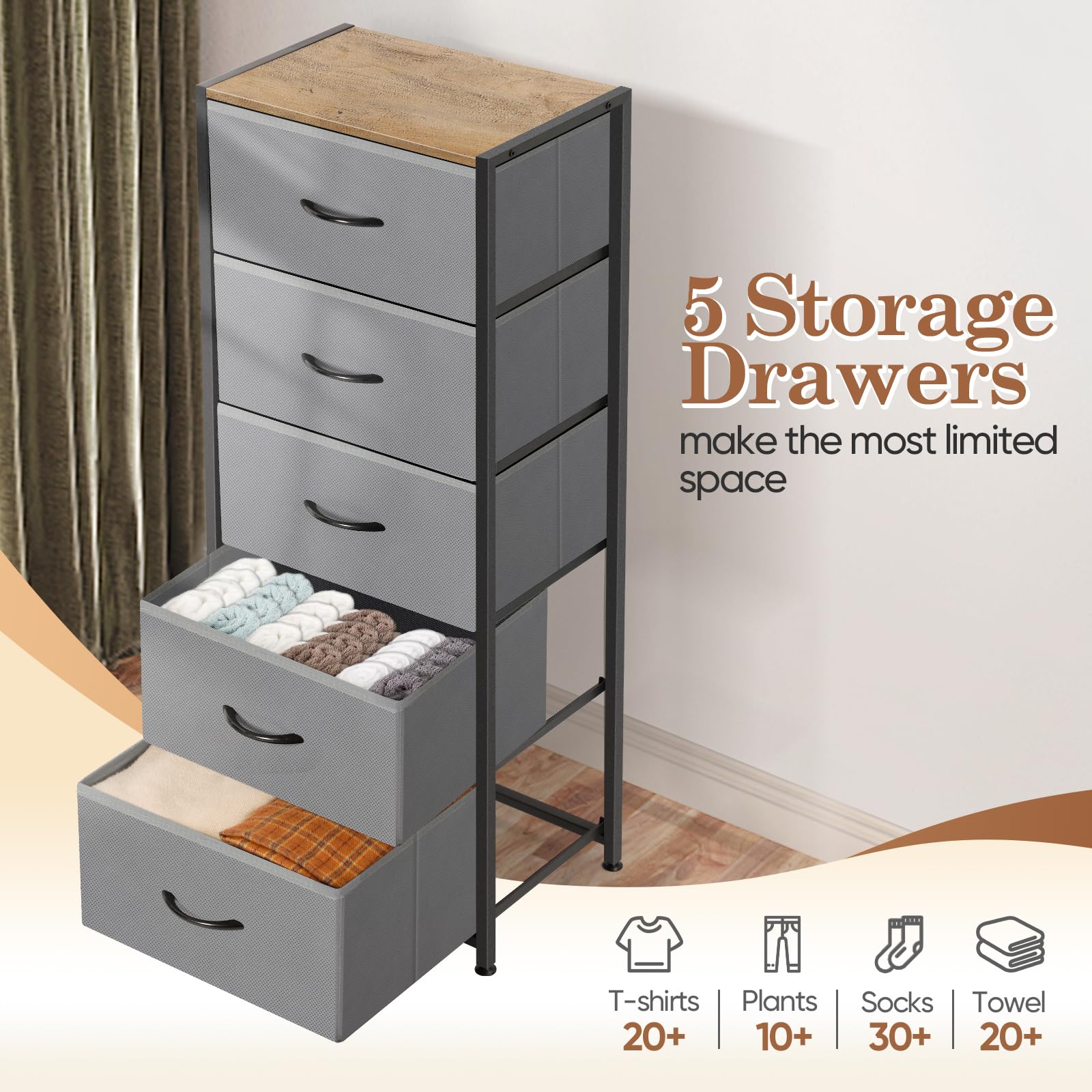 MOOACE 5-Drawer Dresser with Wooden Top - Tall Fabric Storage Tower Organizer for Bedroom, Closet, Living Room & Entryway - Sturdy Metal Frame in Grey - Perfect for Small Space Organization & Home Decor