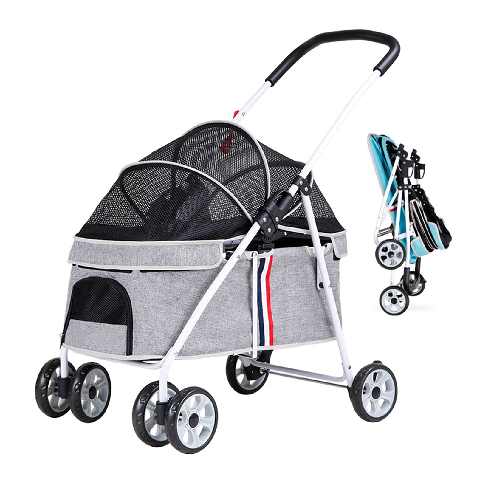 4 Wheel Pet Stroller for Medium & Small Dogs - Lightweight Foldable Design with Built-in Safety Rope & Side Pocket - Travel-Friendly Outdoor Pet Supplies (Up to 40kg) - Perfect for Park Walks, Vet Visits & Shopping Trips