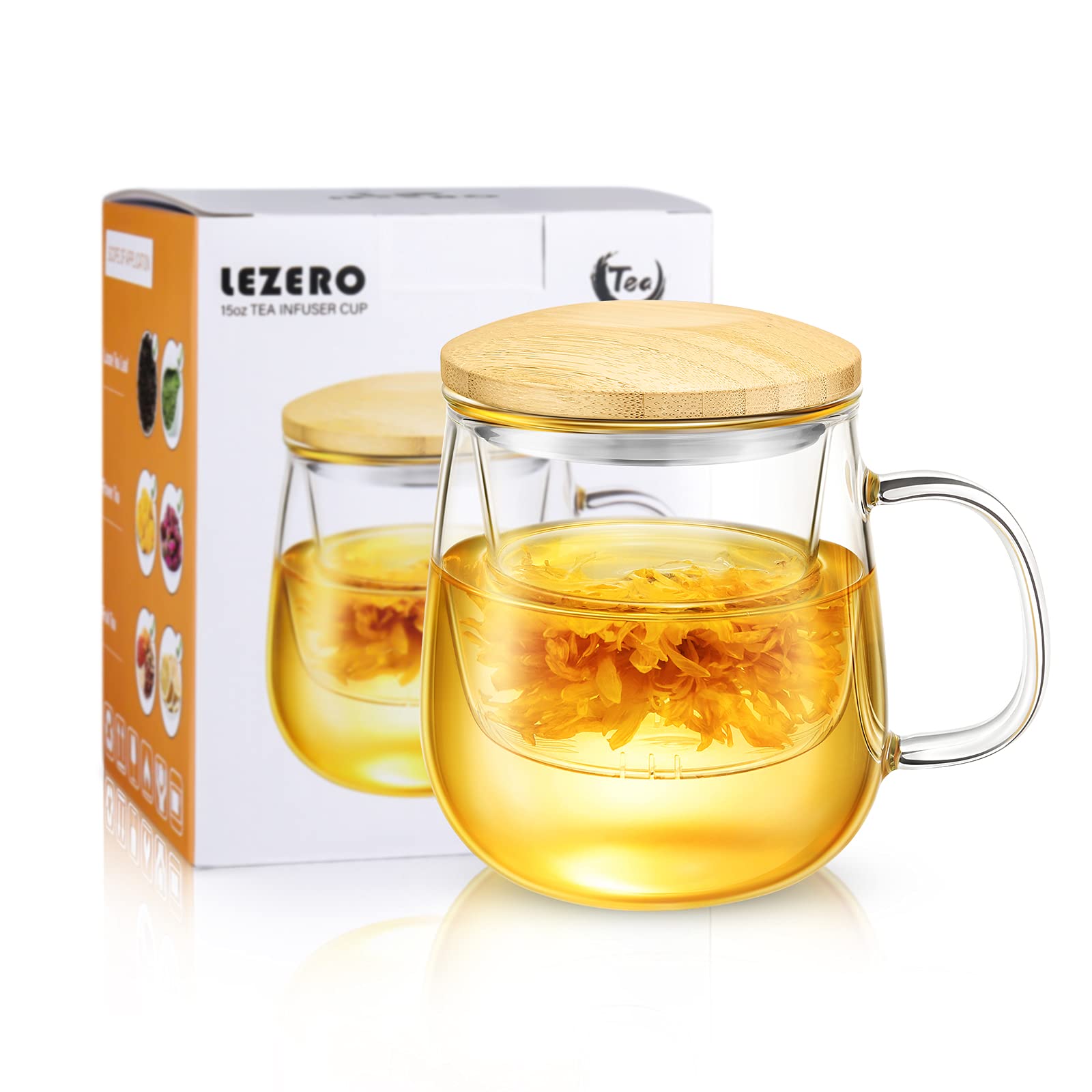 Lezero 15oz Borosilicate Glass Tea Infuser Cup with Strainer & Lid - Heat Resistant, Lead-Free, Microwave & Dishwasher Safe - Perfect for Blooming Tea, Loose Leaf Tea & Herbal Infusions - Ideal for Home, Office & Gift for Tea Lovers