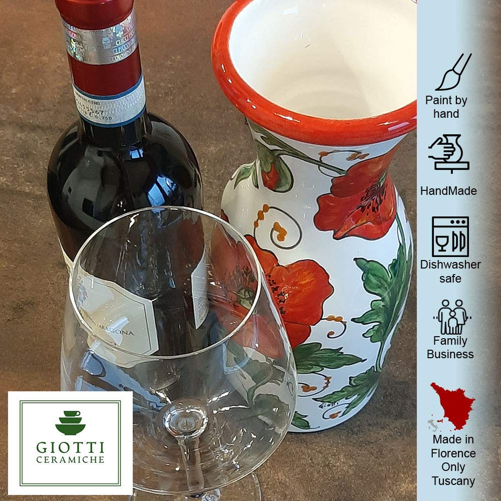 Italian Ceramic Wine Jug with Poppies - 33 oz Hand-Painted Kitchen Carafe & Utensil Holder - Tuscan Pottery Vase for Wine & Home Decor - Made in Italy - Perfect for Rustic Kitchens, Wine Serving & Farmhouse Decor