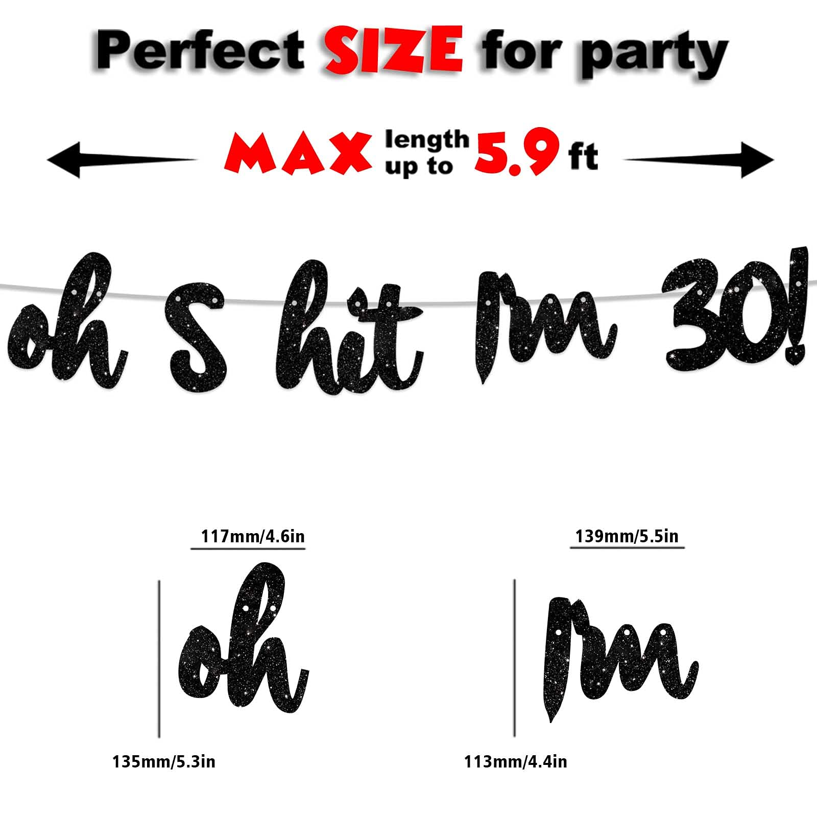 Black Glitter 'Oh I'm 30!' Birthday Banner Backdrop - Cheers to 30 Years Decor for Men & Women - Happy 30th Birthday Party Photo Studio Props, Flags & Supplies - Perfect for 30th Birthday Celebrations, Milestone Parties & Photo Booth Backgrounds
