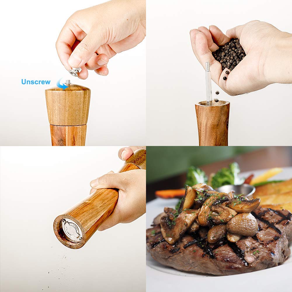 Premium Acacia Wood Salt and Pepper Grinder Set - Adjustable Manual Mill with Ceramic Core - 8 Inch Kitchen Essential for Home, Restaurants, BBQ, Picnics & Dinner Parties - Perfect for Gourmet Cooking & Gift Giving