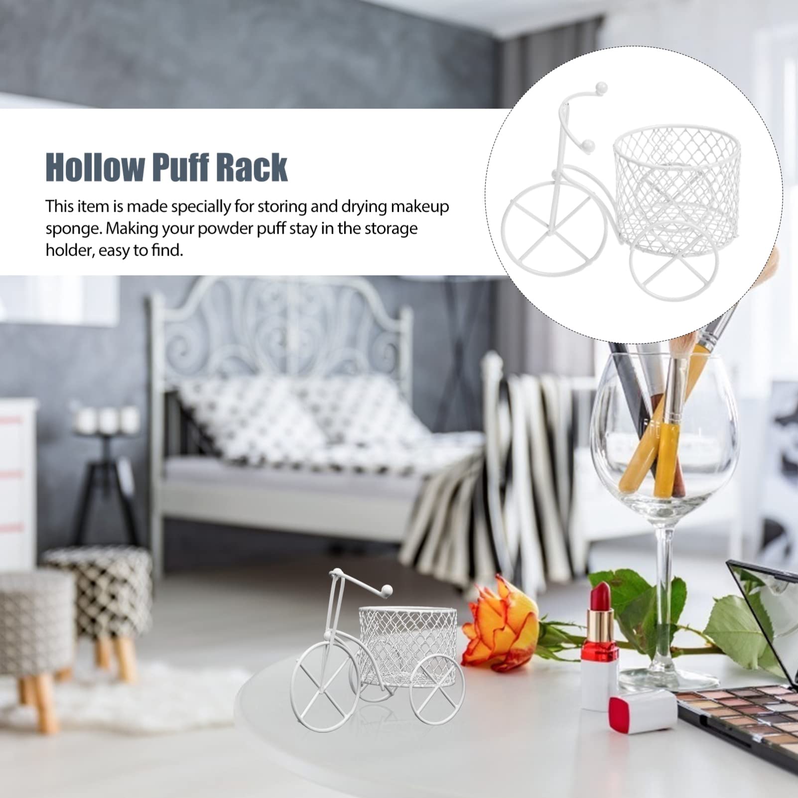 Lurrose Wrought Iron Bicycle Sponge Egg Rack - Multi-Purpose Makeup Puff & Cosmetic Drying Holder - Beauty Organizer for Vanity, Bathroom & Salon - Sturdy Bike Stand Shelf with White Finish