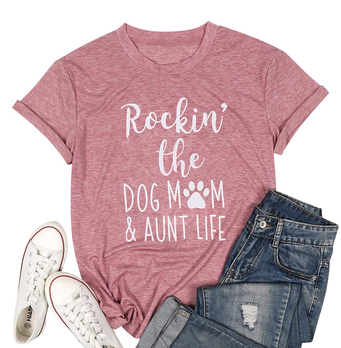 Funny Dog Mom Shirt for Women - Cute Dog Paw Graphic Tee - Rockin' The Dog Mom Life - Perfect Gift for Dog Lovers - Short Sleeve Casual Top - Ideal for Dog Parks, Walks & Pet Lover Events