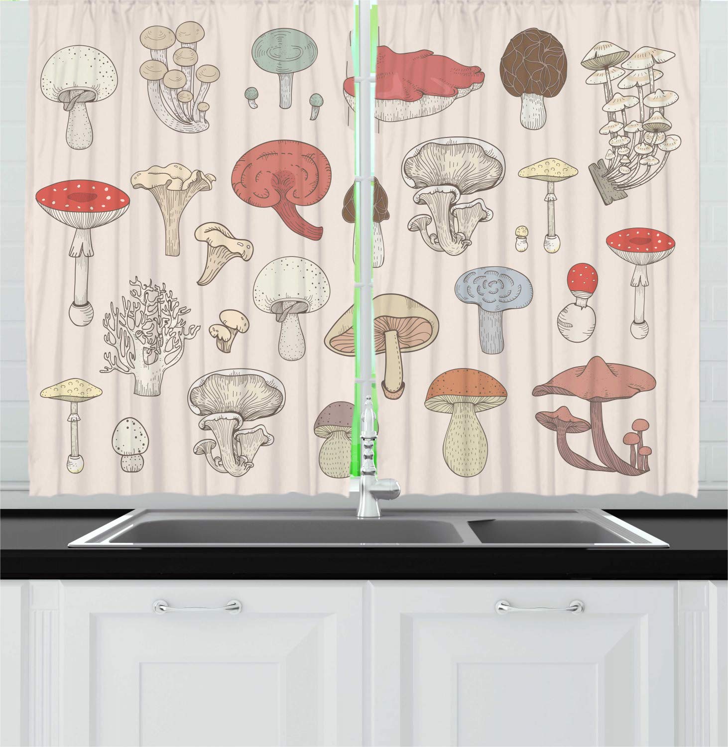 Ambesonne Cartoon Kitchen Curtains - Pastel Mushroom Print Window Drapes, 2 Panel Set for Kitchen & Cafe Decor (55