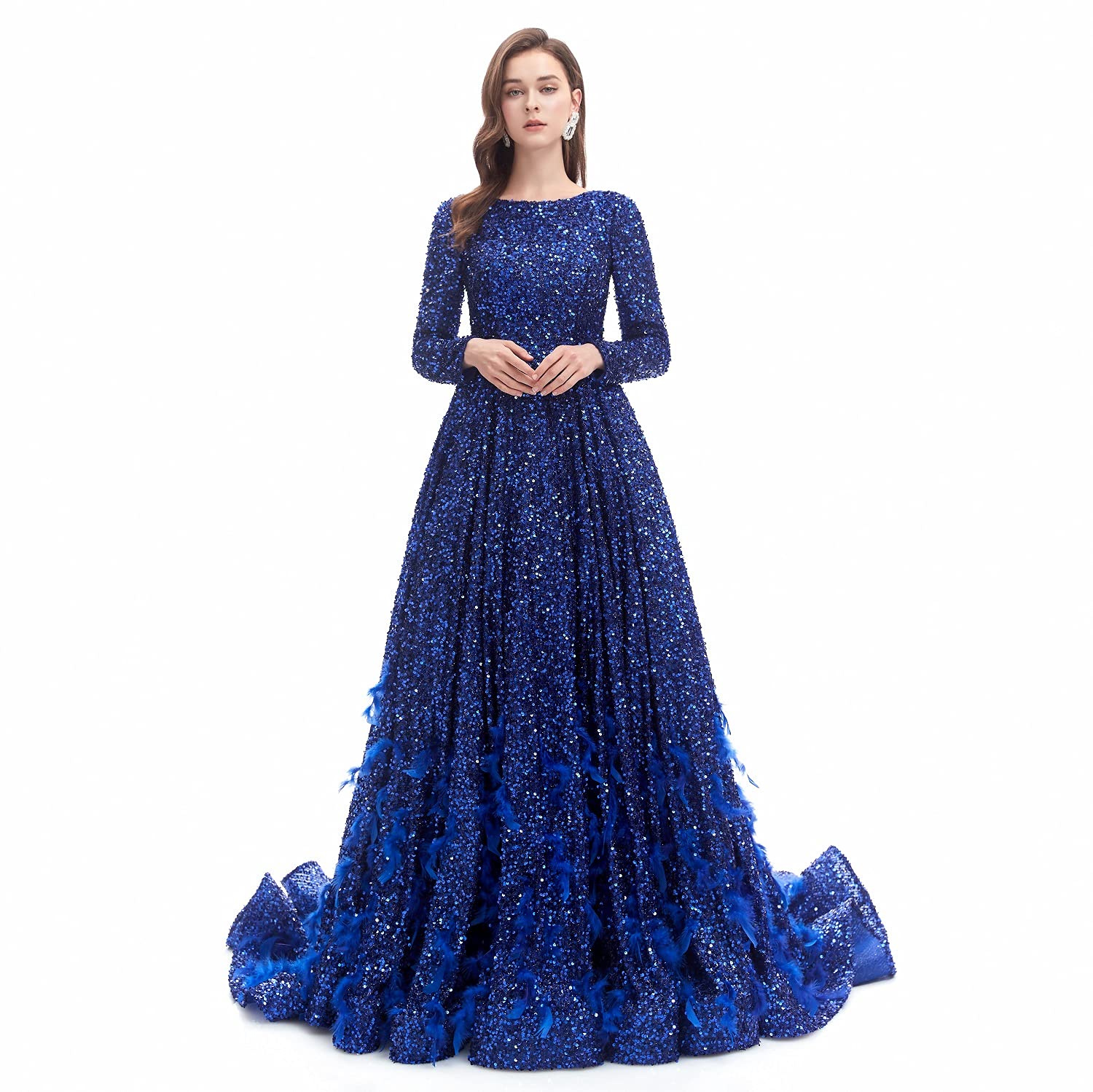 Elegant Women's Sequin Evening Gown with Chapel Train - Luxury Prom Dress for Formal Events, Weddings & Special Occasions