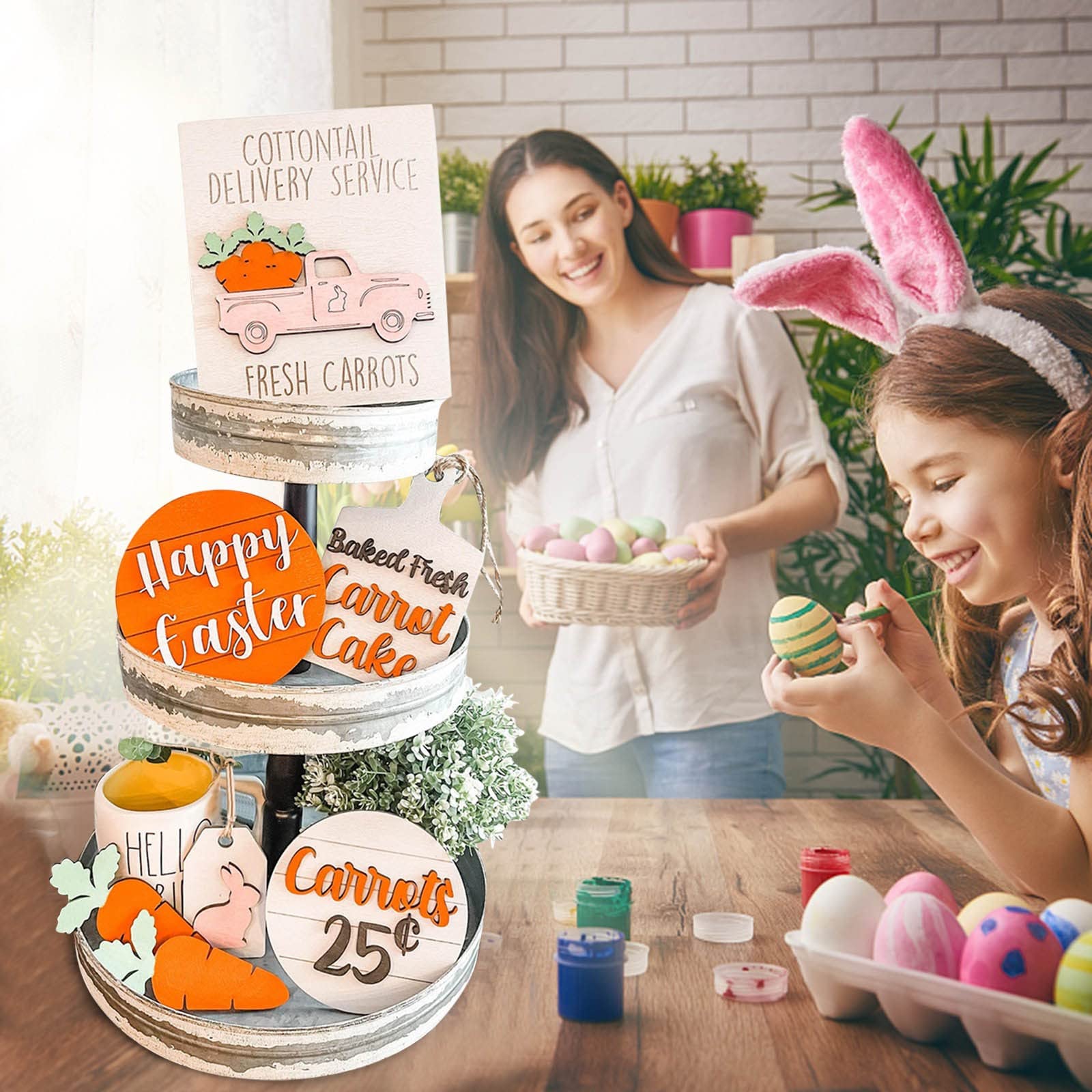 3D Mini Wooden Bunny Signs Easter Tiered Tray Decor - Rustic Wooden Easter Decorations for Home, Office & Party - Perfect for Spring Table Centerpiece, Shelf Display & Holiday Gift Giving