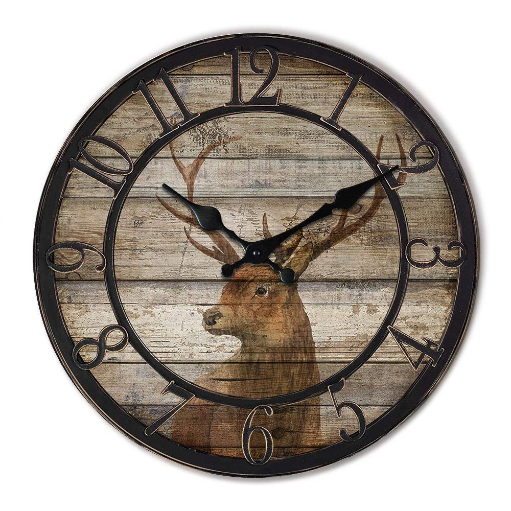 Vintage Wooden Deer Wall Clock - 12 Inch Silent Round Battery Operated Clock for Living Room, Kitchen, Office, School - Perfect Home Decor & Gift Idea