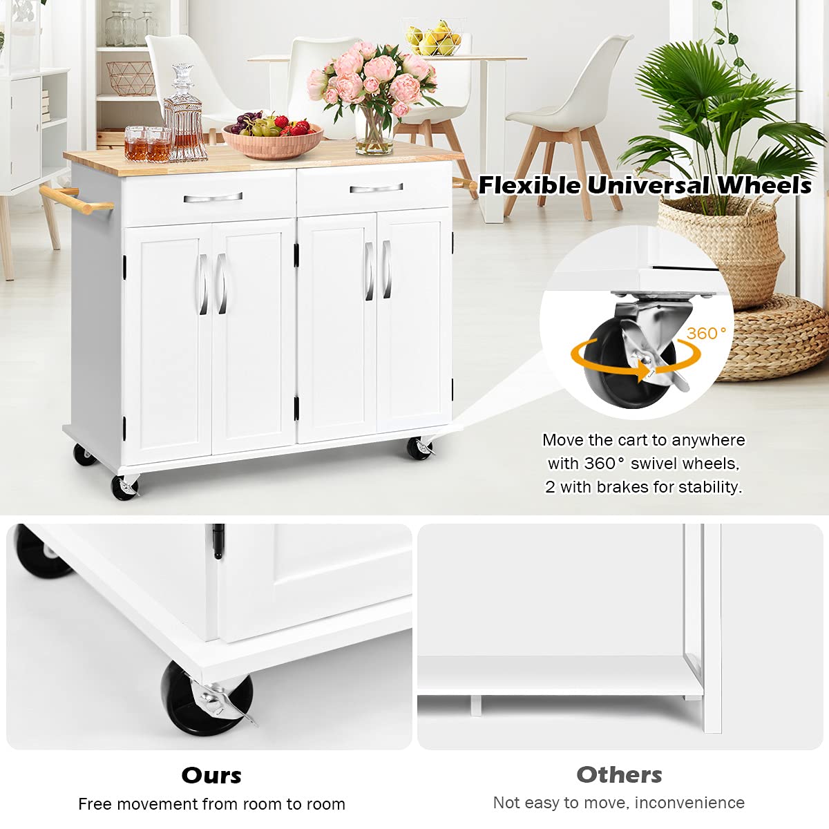 Casart White Kitchen Island Cart with Wood Top, 2 Drawers & Cabinets, Lockable Wheels - Mobile Kitchen Storage for Small Spaces, Dining Room, or Pantry Organization