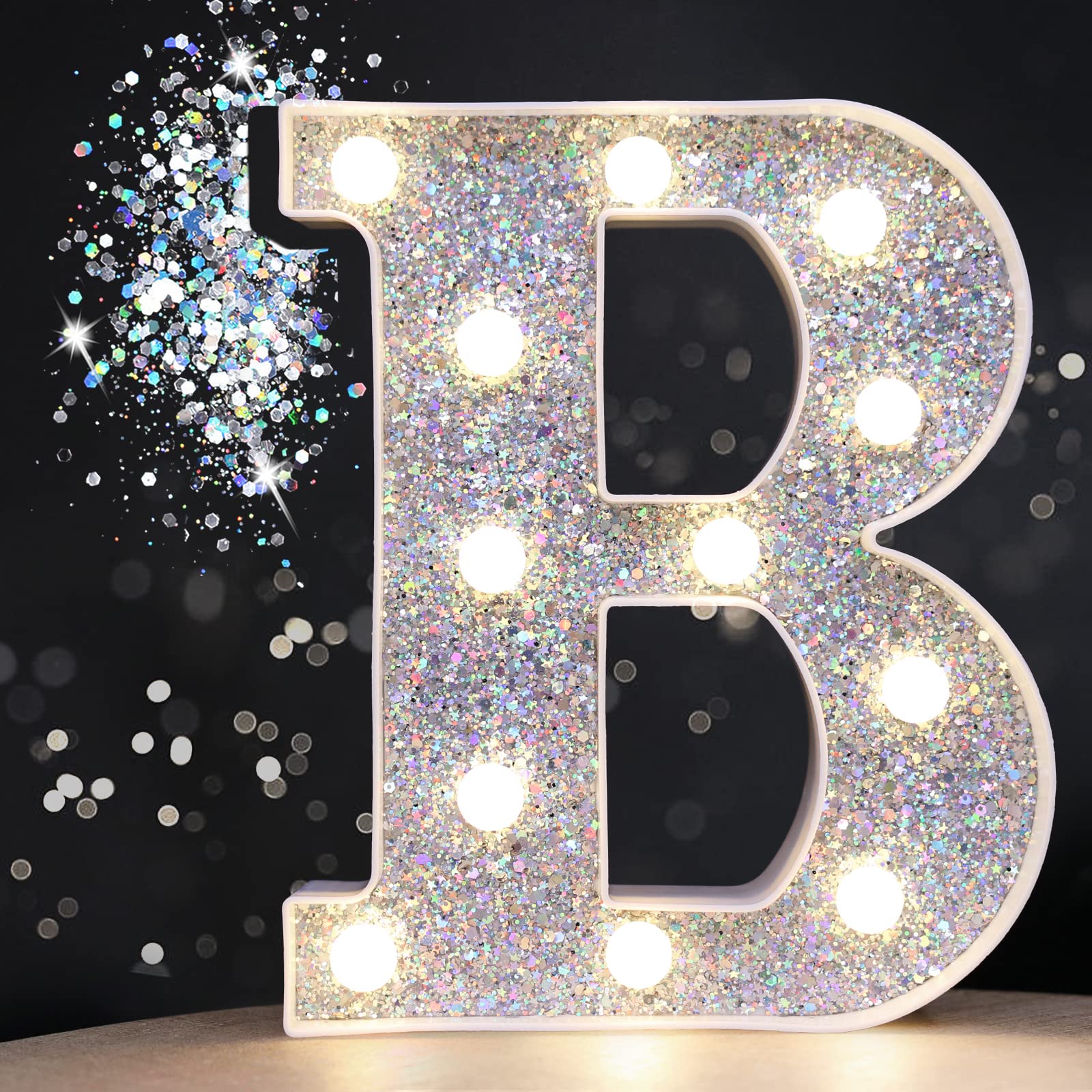Pooqla LED Marquee Letter Lights - Silver Glitter Alphabet Sign with Battery Power for Night Light, Birthday Party, Wedding, Home Bar & Christmas Decorations - Perfect for Girls Gifts & Room Decor - Letter B
