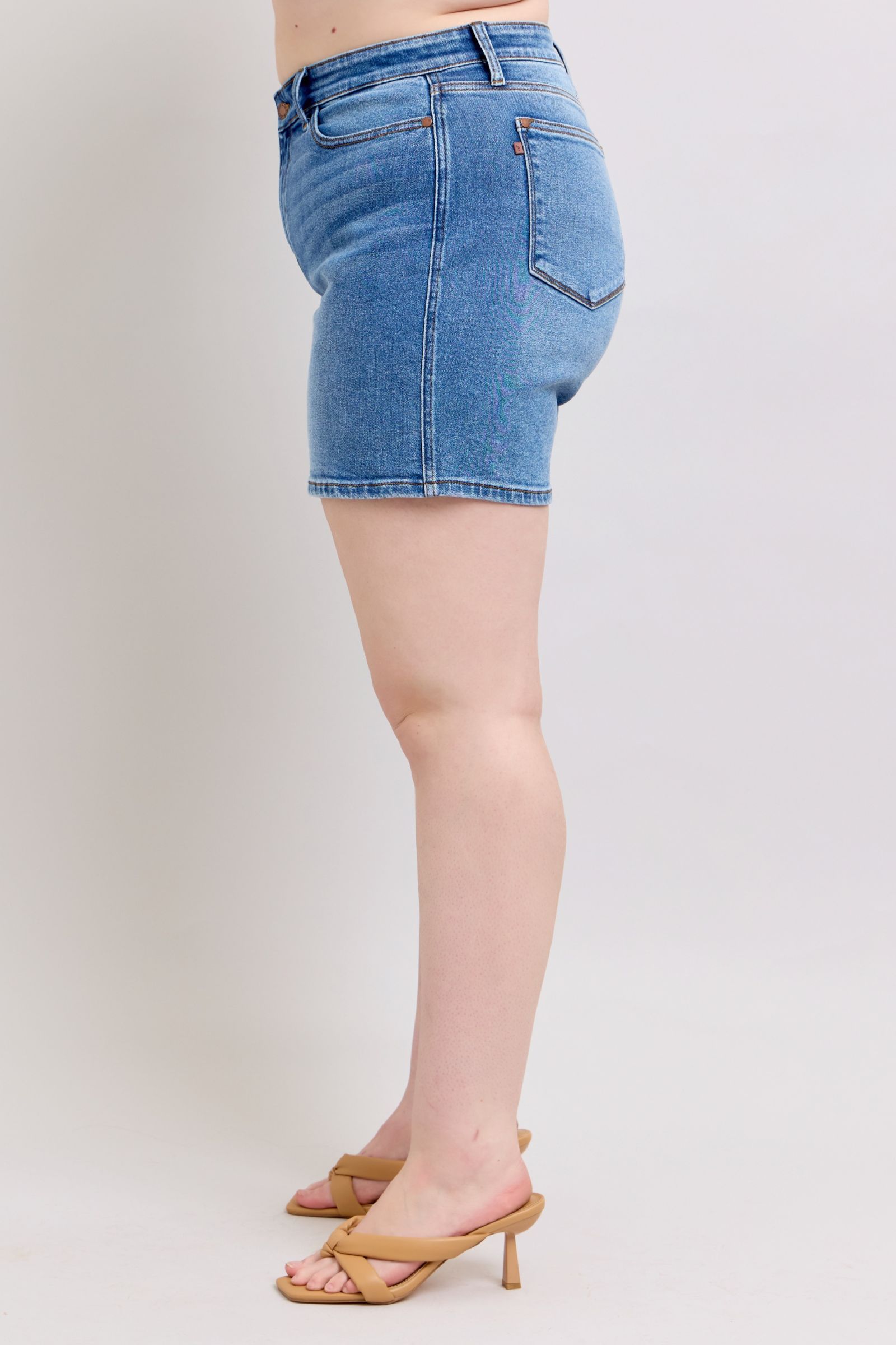 Judy Blue Women's High Waisted 2 Button Denim Shorts with Pockets - Comfortable Stretch Jeans for Summer, Casual Wear & Outfits