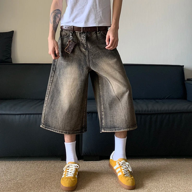 Vintage Washed Wide Leg Men's Jeans - American Style Loose Fit Straight Casual Trousers with Gradient Color (24E1028) | Perfect for Everyday Wear, Street Style & Retro Fashion