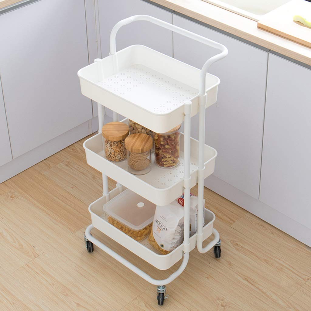 Multifunctional 3-Tier Rolling Utility Cart - Portable Metal Hand Truck with Storage Basket & Handles - White Kitchen, Bathroom, Office Organizer for Home & Commercial Use