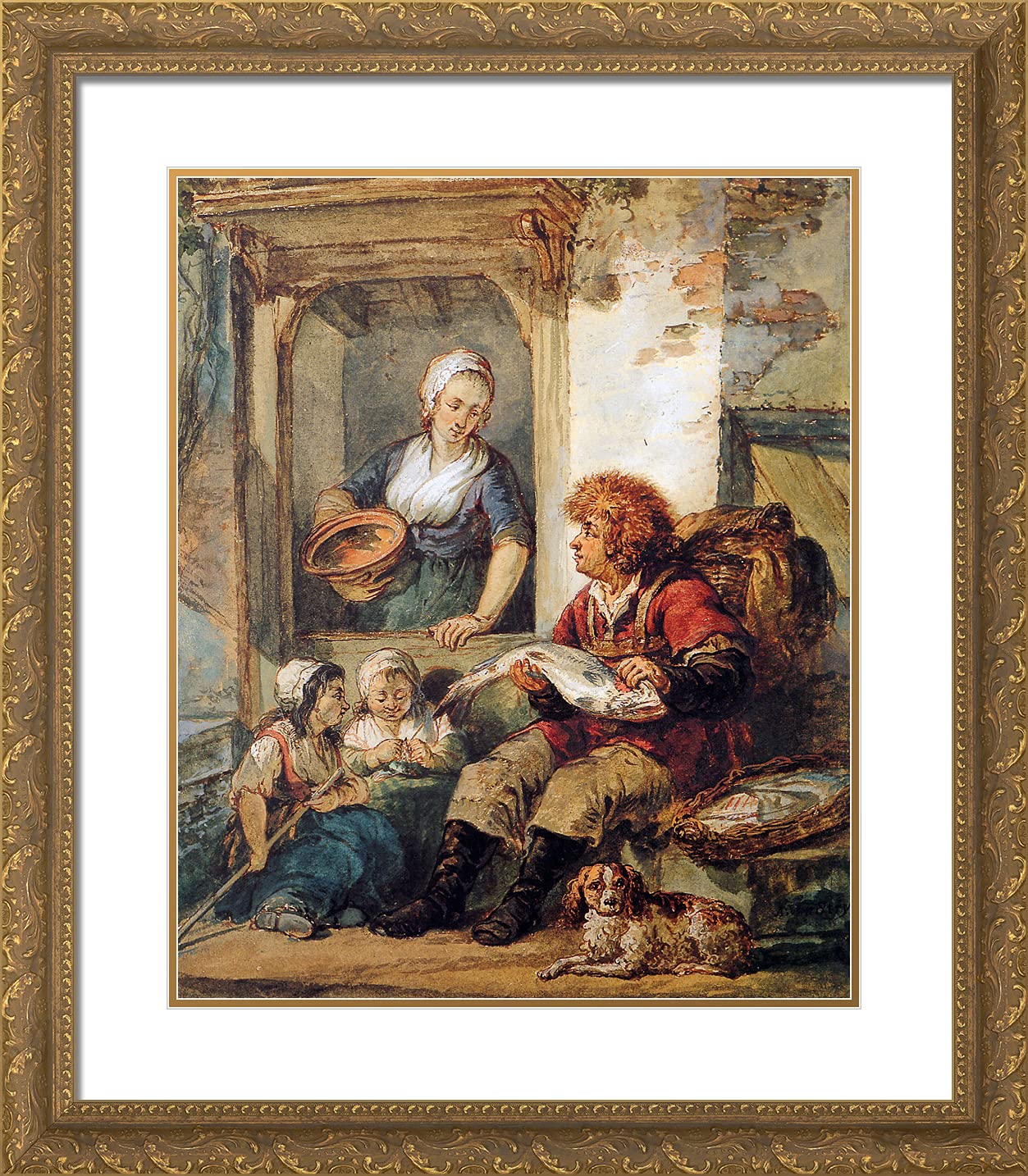 Abraham Van Strij 'Fish Salesman at Woman and Children' 20x23 Inch Gold Ornate Framed Art Print with Double Matting - Vintage Dutch Painting Reproduction for Living Room, Office & Gallery Wall Decor