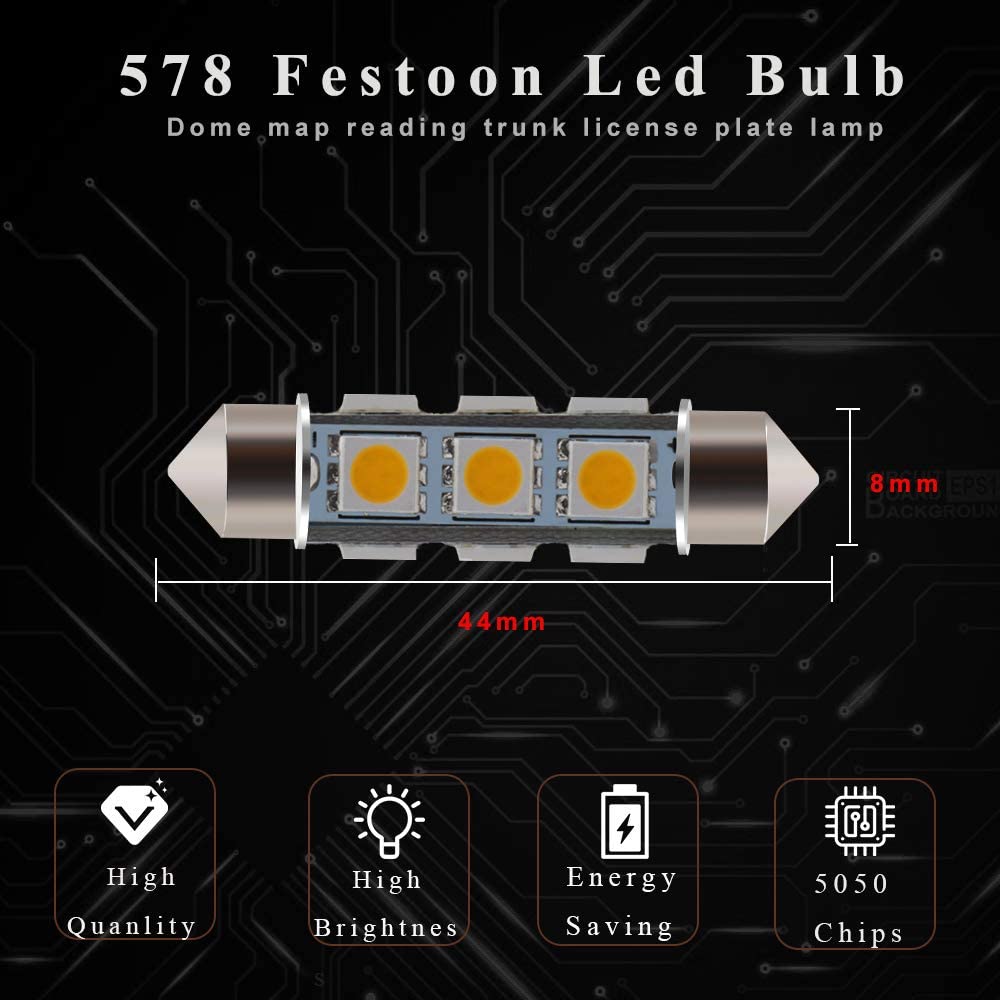 Everbright 6-Pack 44MM 578 LED Bulbs - 569 211-2 212-2 Festoon LED Dome Light, Warm White 12V Interior Lights for Car Trunk, License Plate & Map Lights | Perfect for Vehicle Interior Lighting Upgrade