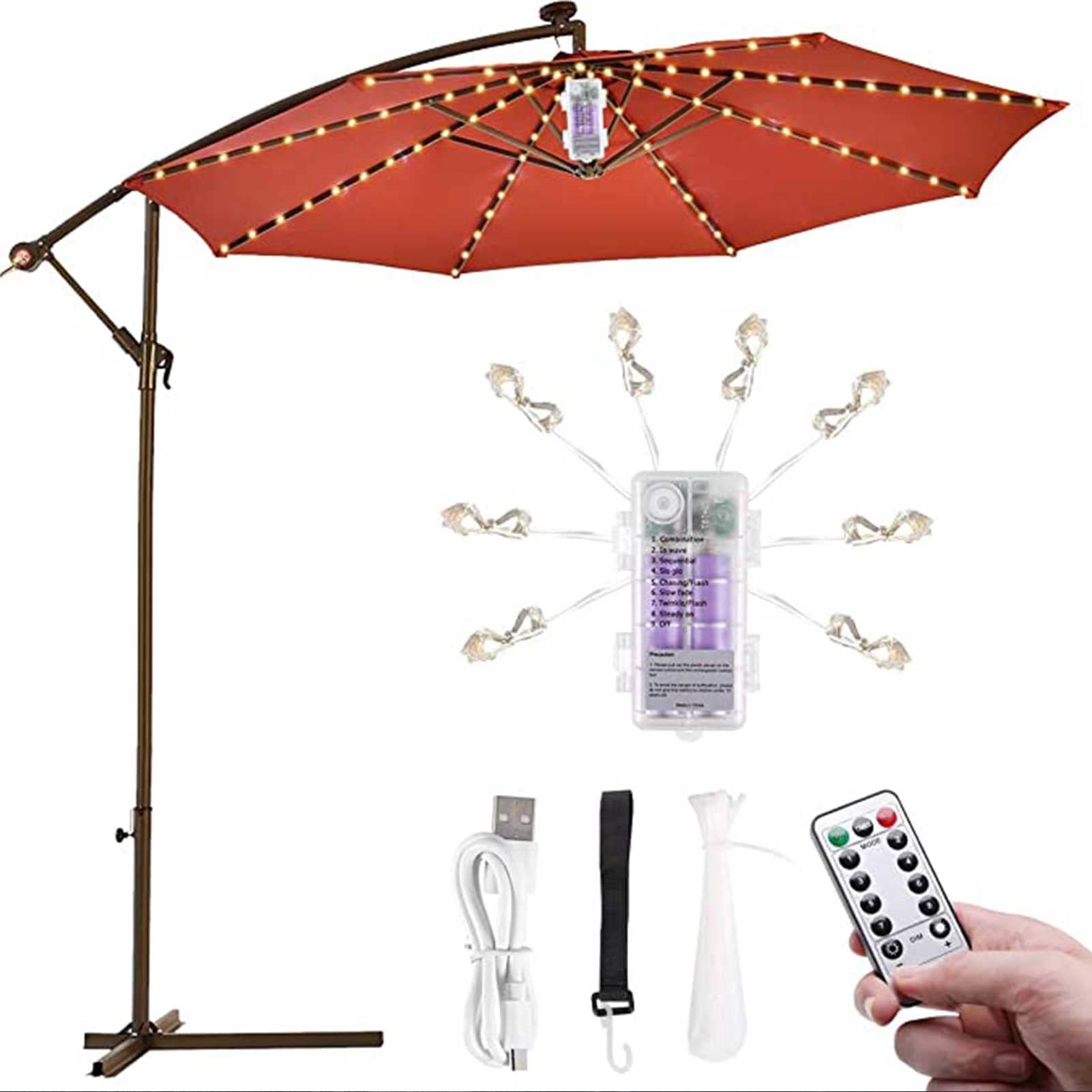 TTdamai 104 LED Patio Umbrella String Lights - Battery Operated Waterproof Outdoor Lights with Remote Control, 8 Lighting Modes (Warm White) - Perfect for Patio Decor, Camping Tents, Garden Parties & Backyard Lighting