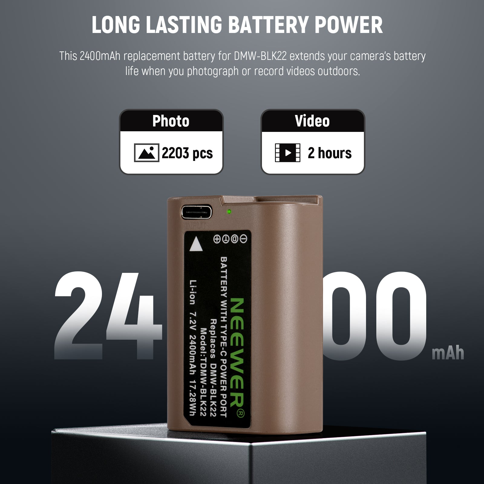 NEEWER 2400mAh DMW-BLK22 Replacement Battery for Panasonic Lumix Cameras - Compatible with GH5, G7, G85 & More - Perfect for Travel Photography & Video Shooting