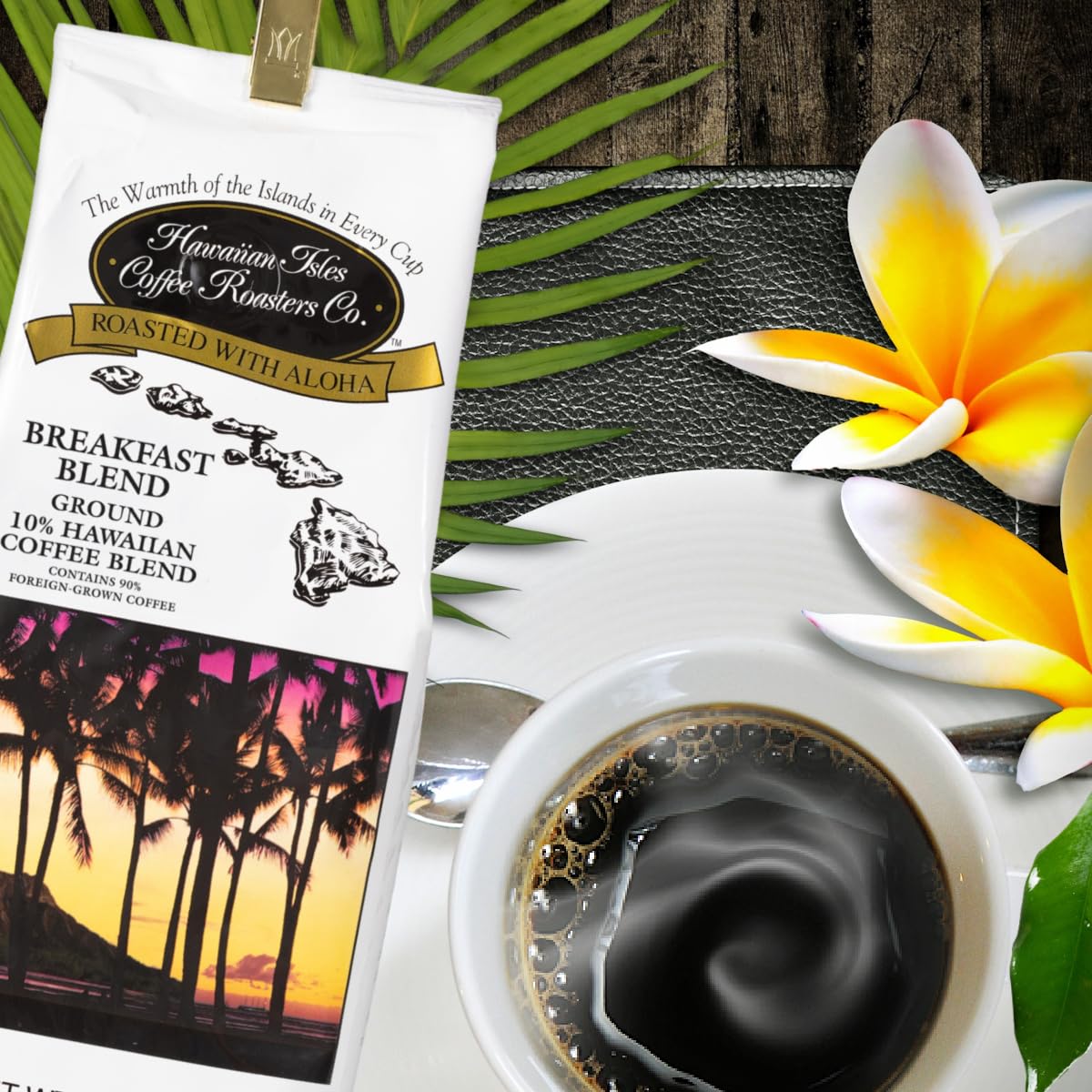 Hawaiian Isles Coffee Breakfast Blend - Light Roast Ground Coffee with 10% Hawaiian Coffee, Roasted with Aloha - 8 Ounce Bag | Perfect for Morning Brew & Office Use