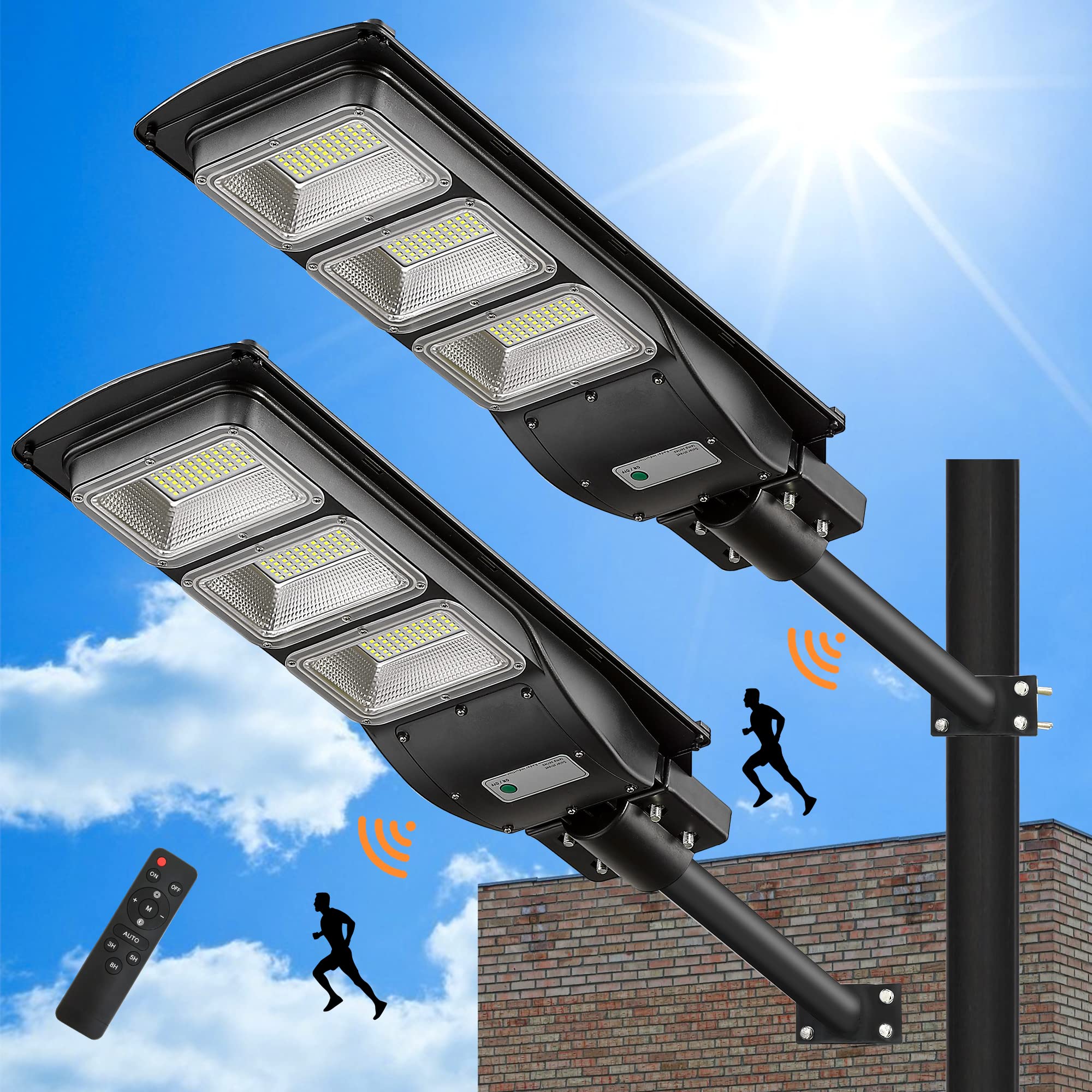 2 Pack 2000W Solar LED Street Lights with Motion Sensor - IP65 Waterproof Outdoor Security Lighting for Parking Lots, Driveways, Gardens - Dusk to Dawn Solar Powered Flood Lights for Home, Garage & Yard Safety