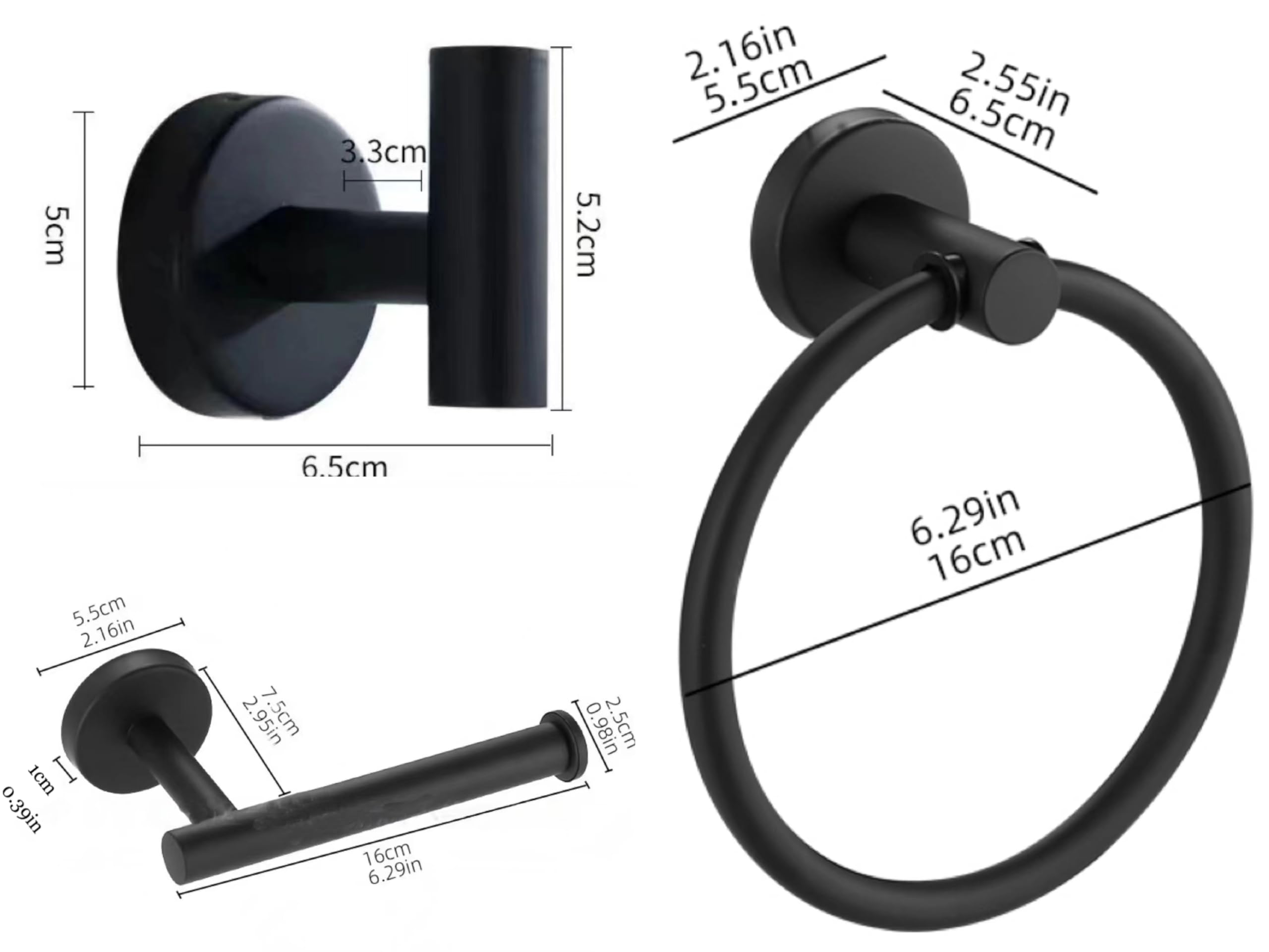 Premium 4-Piece Bathroom Hardware Set - 304 Stainless Steel Wall Mounted Robe Hooks, Toilet Paper Holder & Towel Ring (Black) - Durable Bath Accessories for Modern Home & Hotel Decor