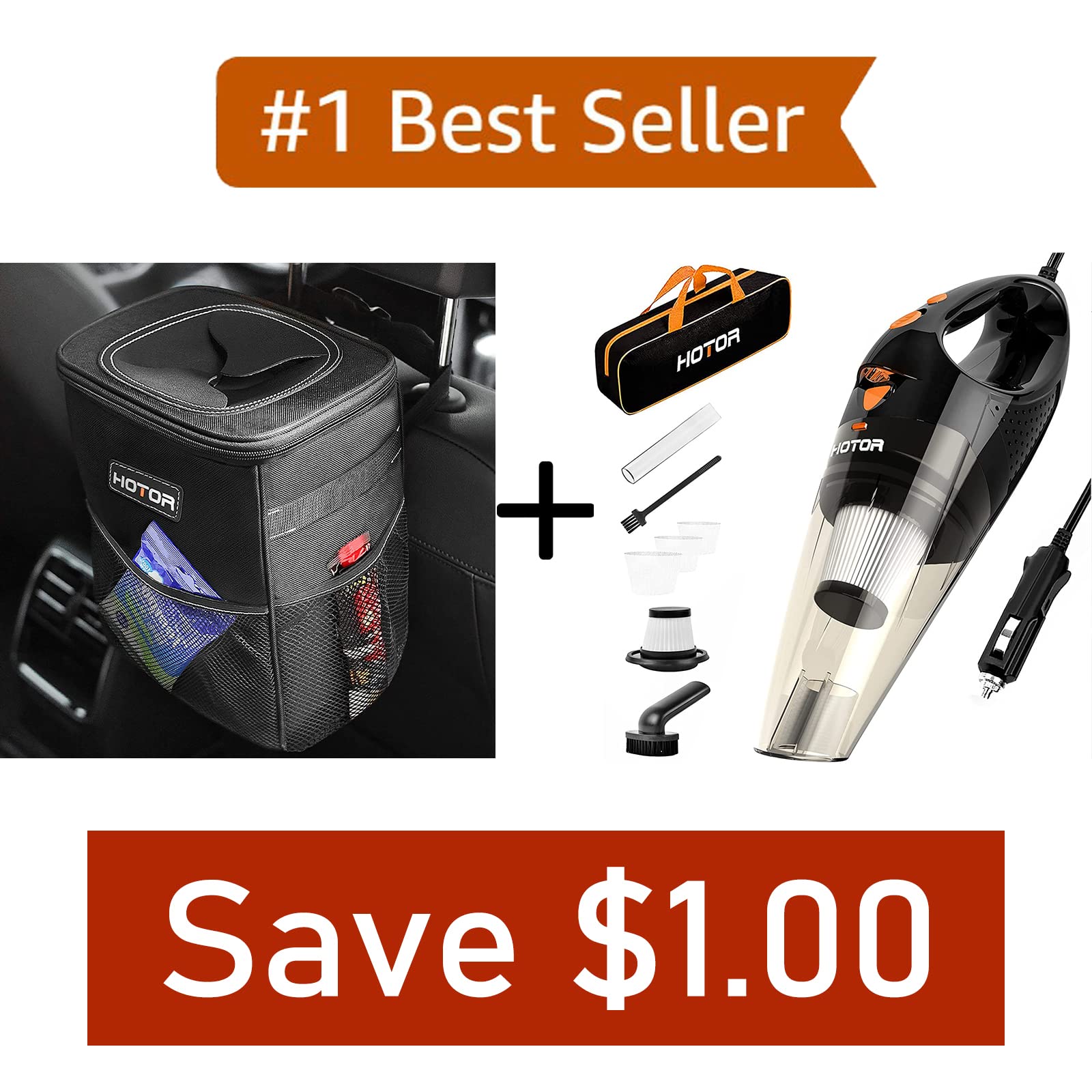 HOTOR High Power Portable Handheld Car Vacuum Cleaner with Lid & Storage Pockets - Perfect for Car Interior Cleaning, Home Use, and Quick Spill Cleanup