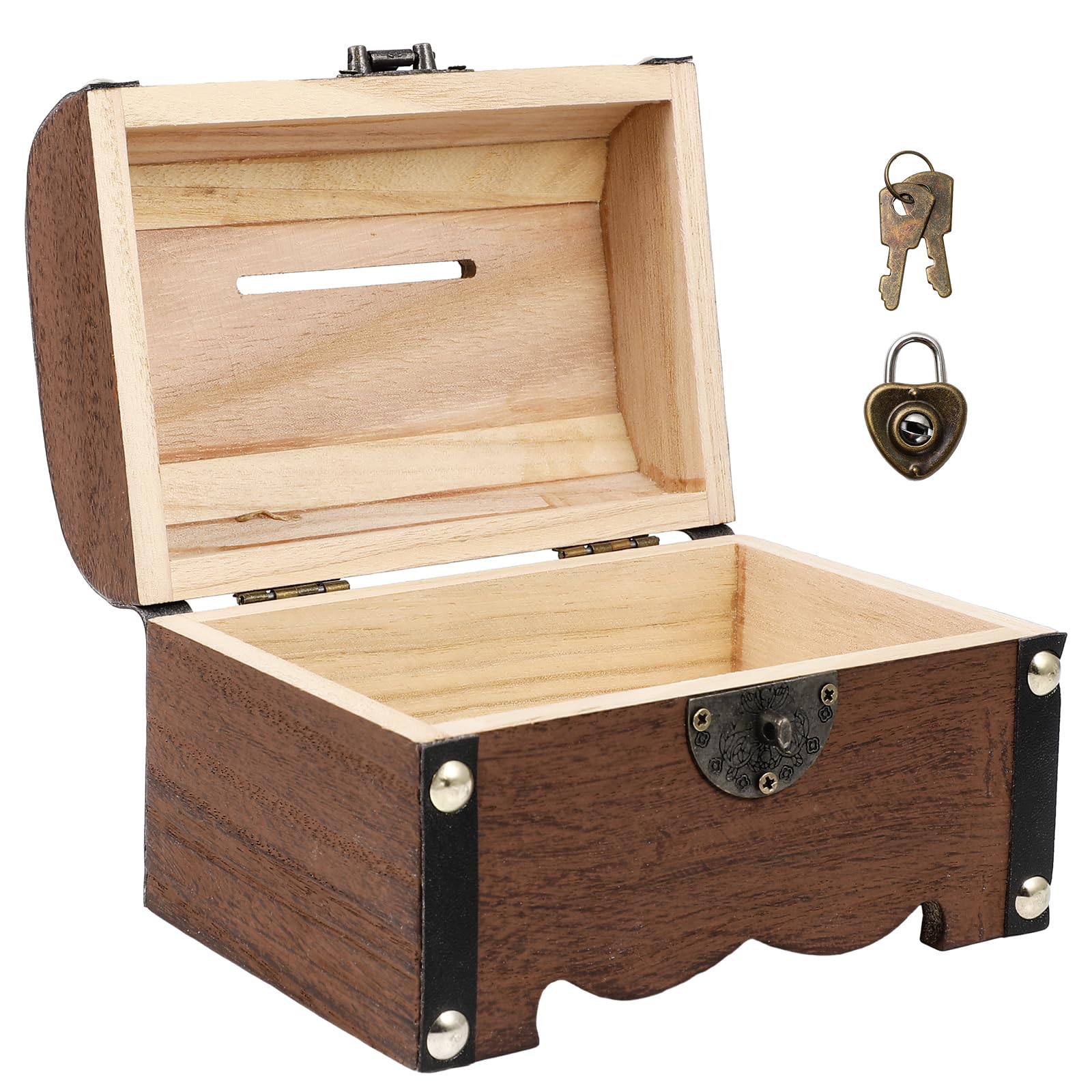 FAVOMOTO Wooden Pirate Treasure Chest Box - Antique Retro Piggy Bank with Love Lock & Keys, Handmade Jewelry Storage Box for Money, Coins & Valuables | Perfect for Home Decor, Gift Giving & Themed Parties