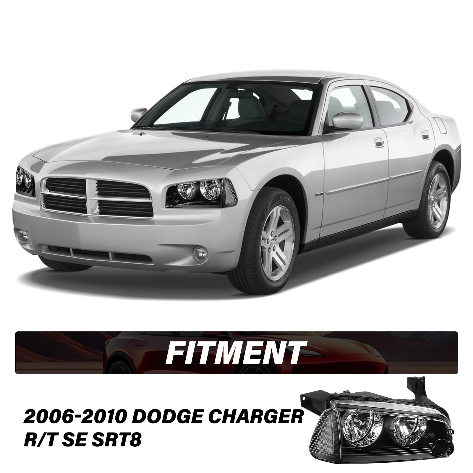 Bingbingmotor Headlight Assembly for 2006-2010 Dodge Charger - Black Housing & Clear Reflector - Left & Right Side Replacement - Perfect for Night Driving and Foggy Conditions