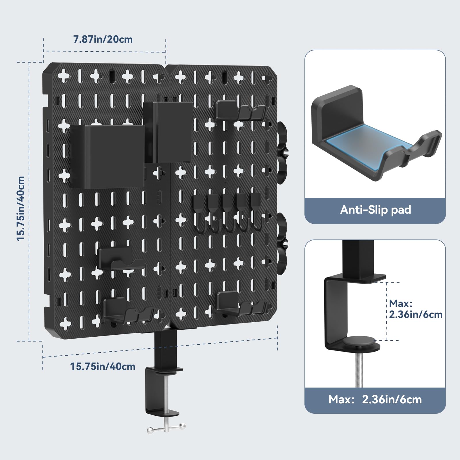 KDD 7-in-1 Clamp-On Desk Pegboard Organizer - No Drill Required, Includes Phone Stand, Pen Holder, Storage Box, Headset & Controller Holder, Hooks | Detachable Gaming & Office Accessories for Home & Workspace Organization | Perfect for Small Spaces, Gaming Setups & Home Office Desks