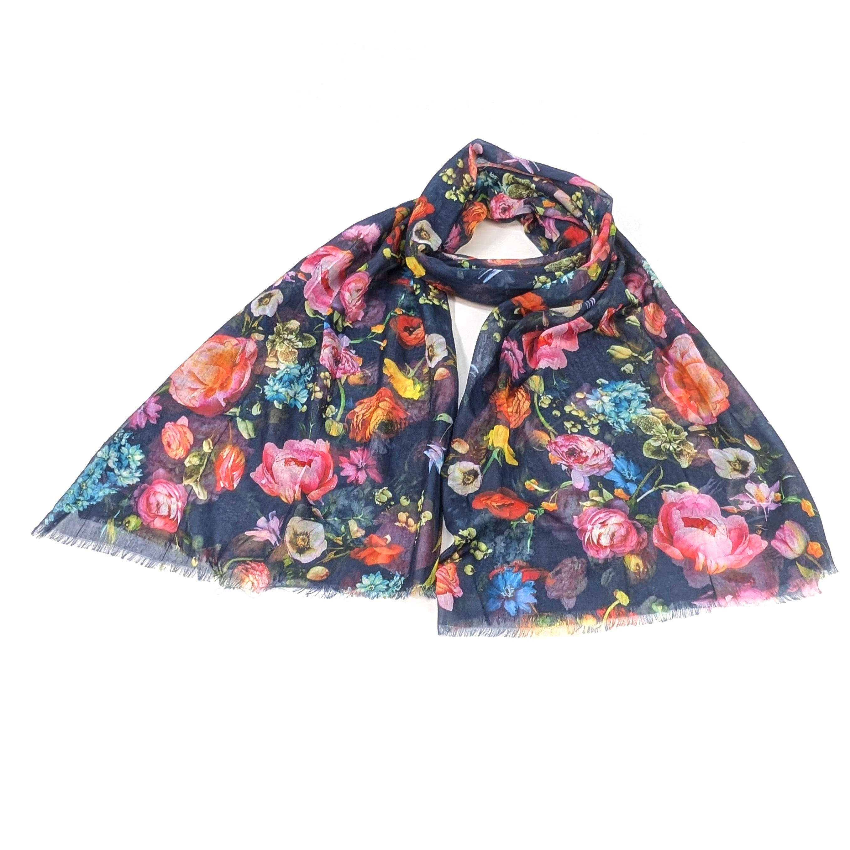 Silky Floral Scarf for Women - Navy Blue Lightweight Shawl Wrap (70x180cm) - Perfect for Office, Travel and Evening Outfits
