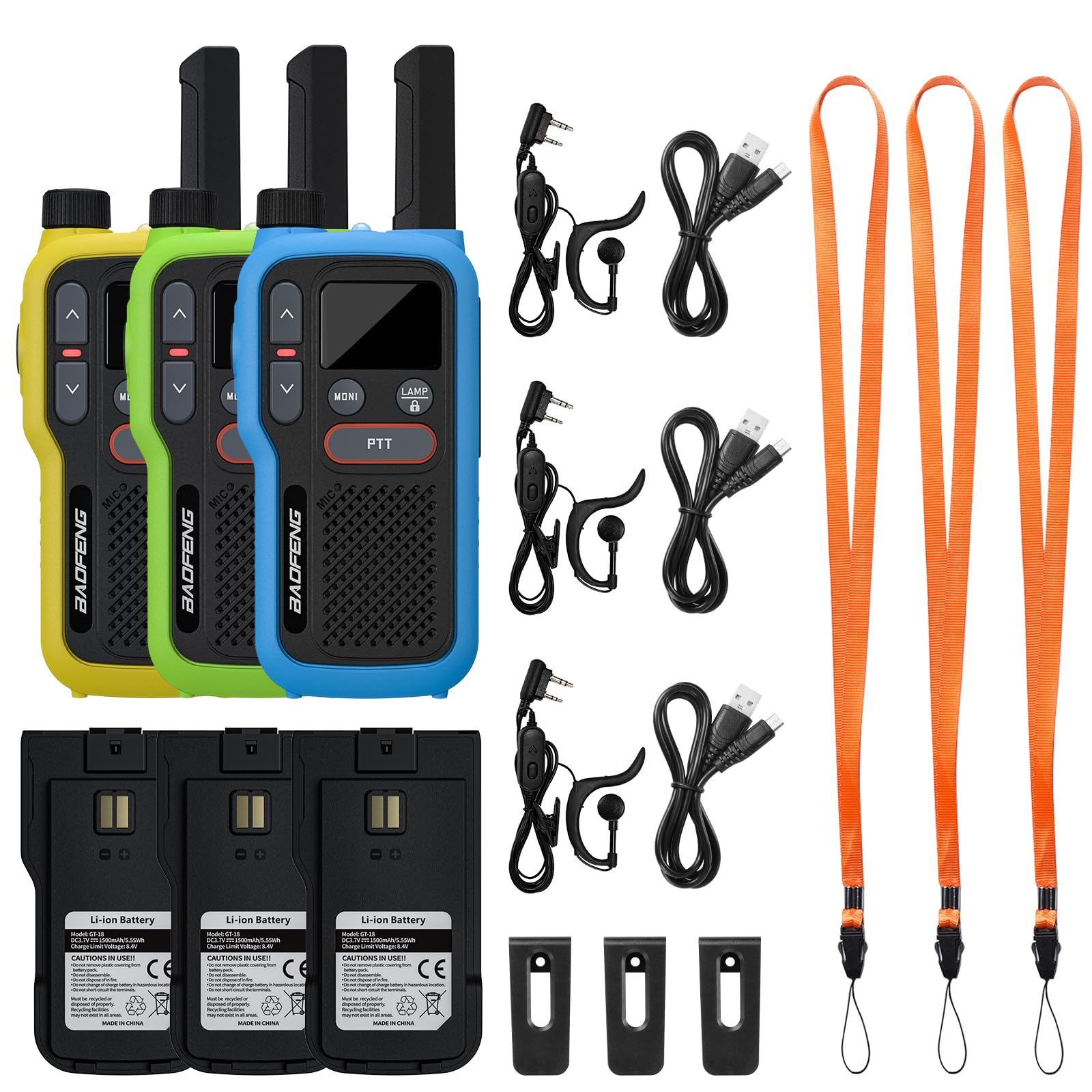 BAOFENG GT-18 Long Range Walkie Talkies for Adults & Kids - License Free Rechargeable FRS Two Way Radios with 1500mAh Battery, 22 Channels & NOAA Weather Scan - Ideal for Camping, Hiking, Family Outdoors & Emergency Communication (3 Pack - Yellow, Green, Blue)