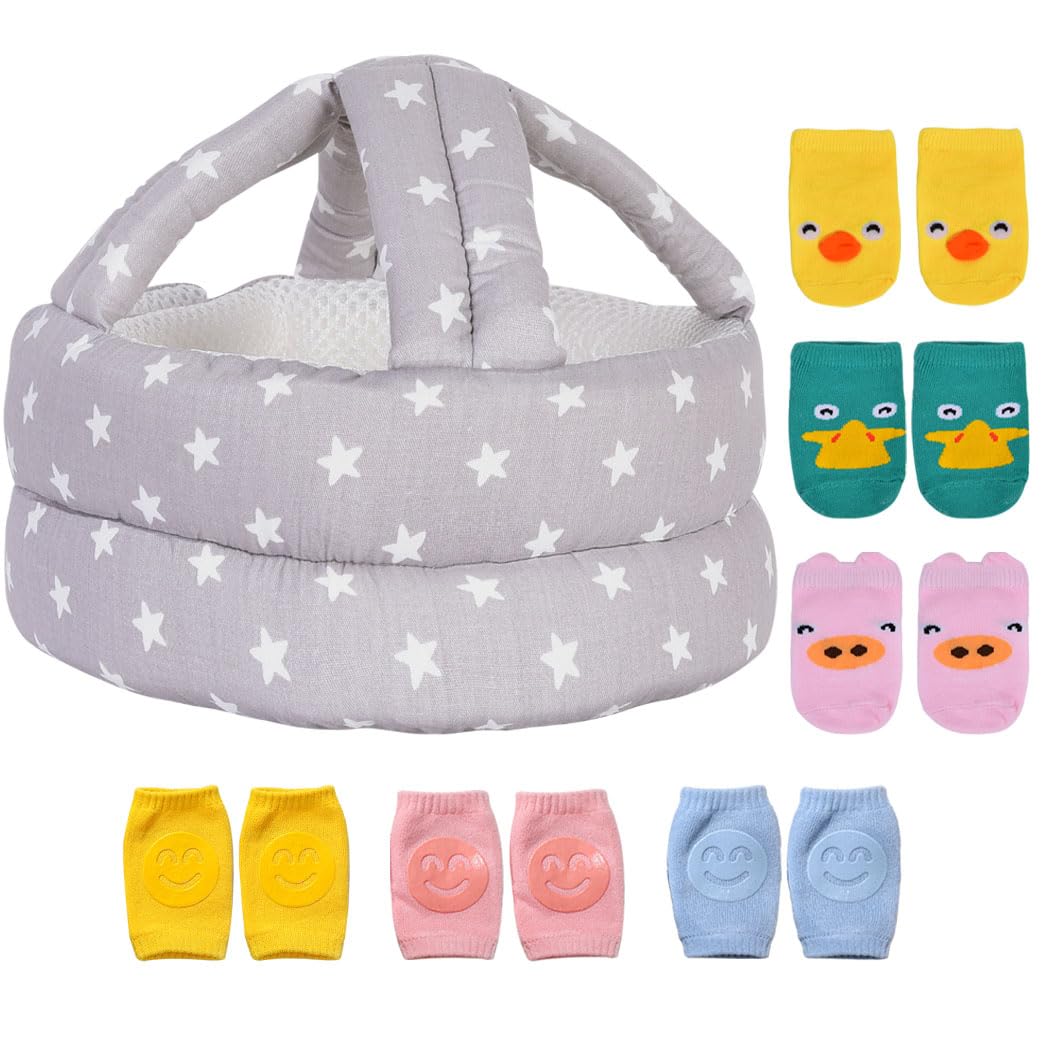 **Adjustable Baby Helmet with Knee Pads & Socks Set – Lightweight, Soft for Crawling & Walking – Gray Star (6-Piece) – Perfect for Learning to Walk, Playtime & Outdoor Safety**