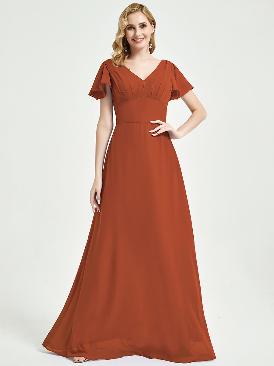 Elegant Burnt Orange Chiffon Bridesmaid Dress with Ruffle Sleeves & Backless Design - Perfect for Weddings, Formal Events & Evening Parties