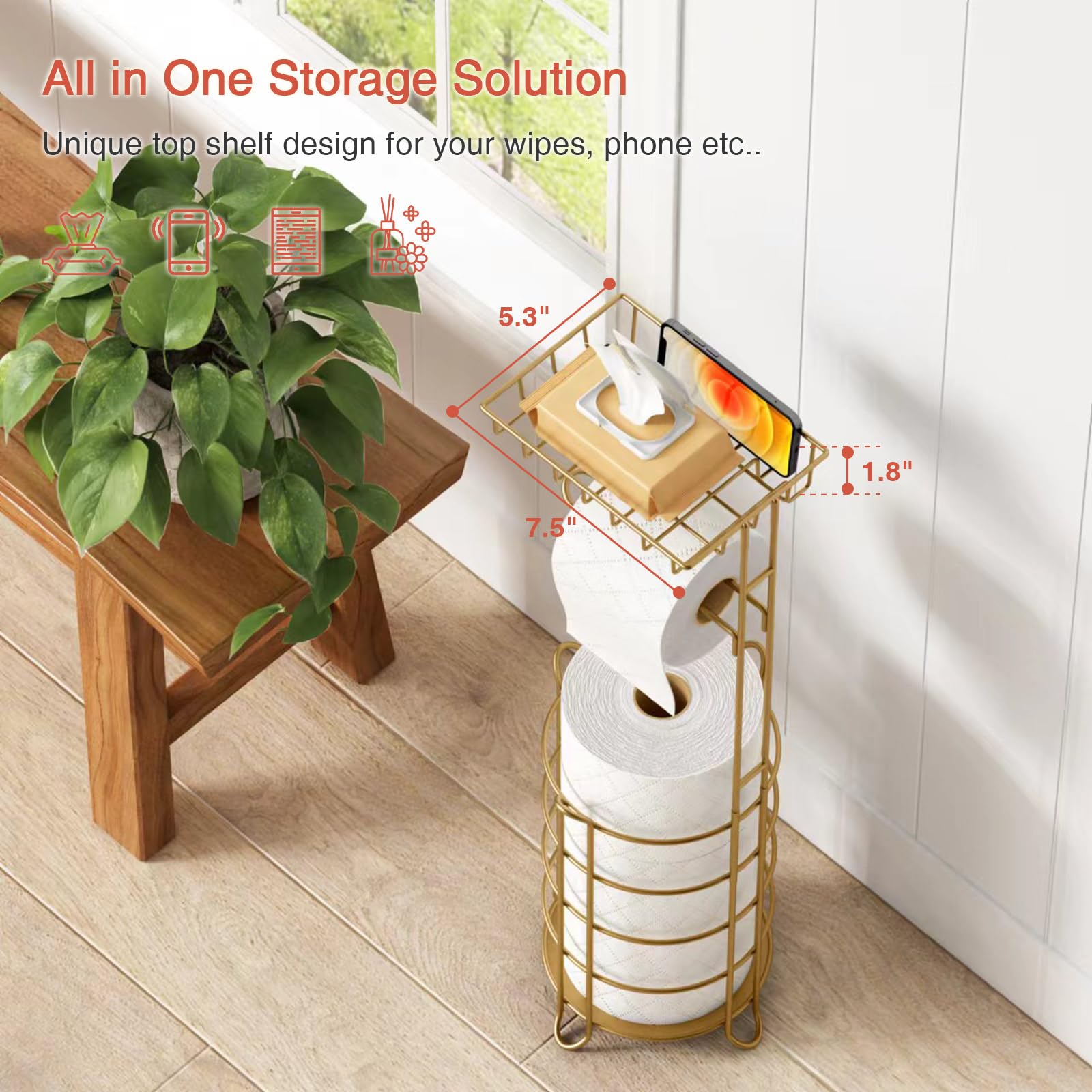 Gold Freestanding Toilet Paper Holder Stand with Phone Shelf & Wipes Tray - Heavy Duty Metal Floor Bathroom Tissue Organizer for Large Mega Rolls - Perfect for Home, Office & Guest Bathrooms