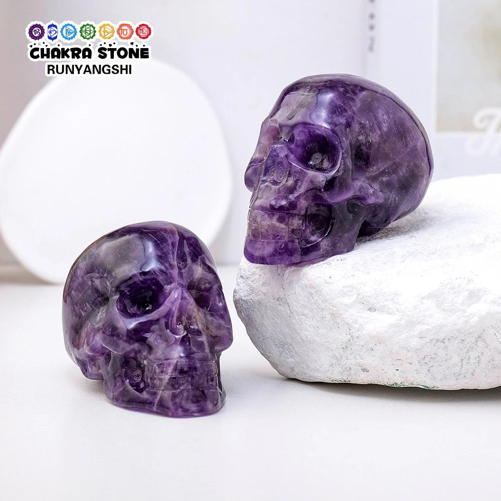 Hand Carved Natural Amethyst Crystal Skull Statue - Feng Shui Healing Decor, Reiki Energy Stone, Unique Home & Desk Ornament - Perfect for Meditation Spaces, Spiritual Gifts & Crystal Collections