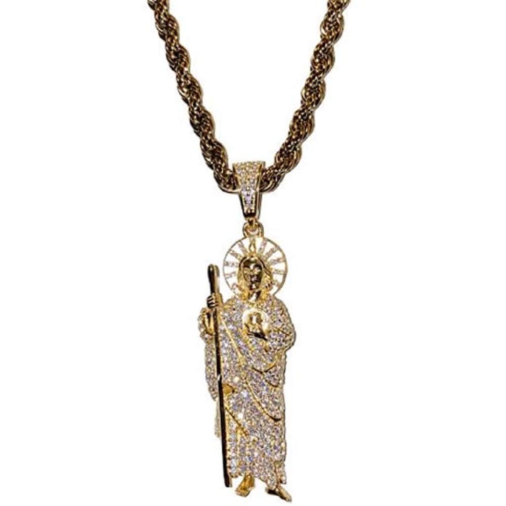 925 Sterling Silver Iced Out Saint Jude Pendant Necklace for Men & Women - 2mm Stainless Steel Rope Chain, Gold Finish - Perfect for Gifts, Everyday Wear & Religious Jewelry Collection