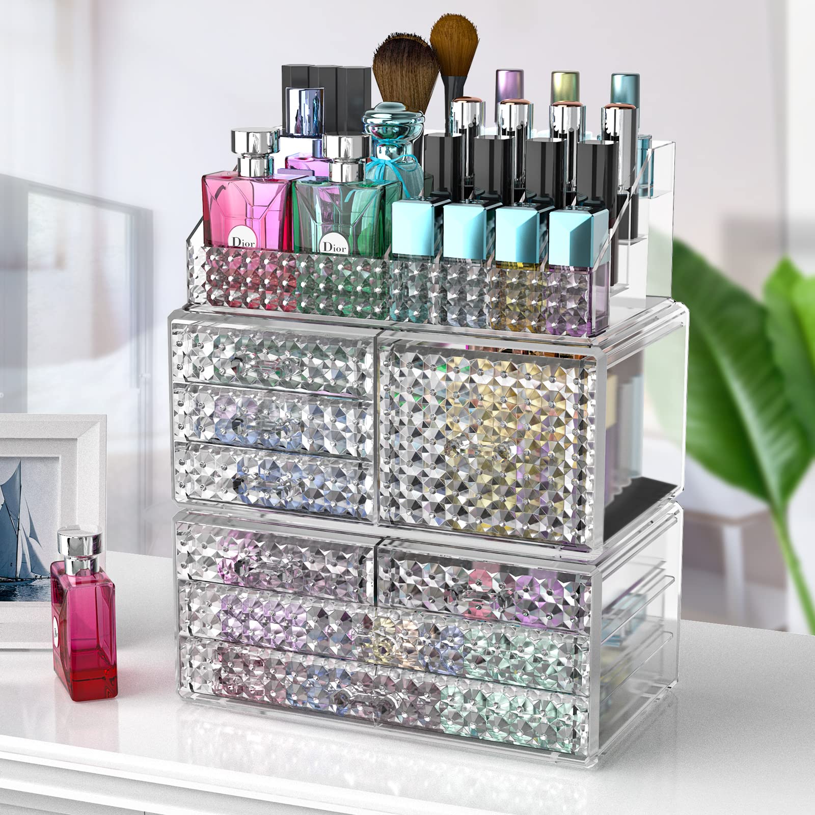 3 Pack Stackable Acrylic Makeup Organizer with 8 Drawers - Upgraded Cosmetic Storage Case for Brushes, Perfume & Jewelry Display - Perfect for Vanity, Bathroom Countertop & Bedroom Organization (Plus Size)