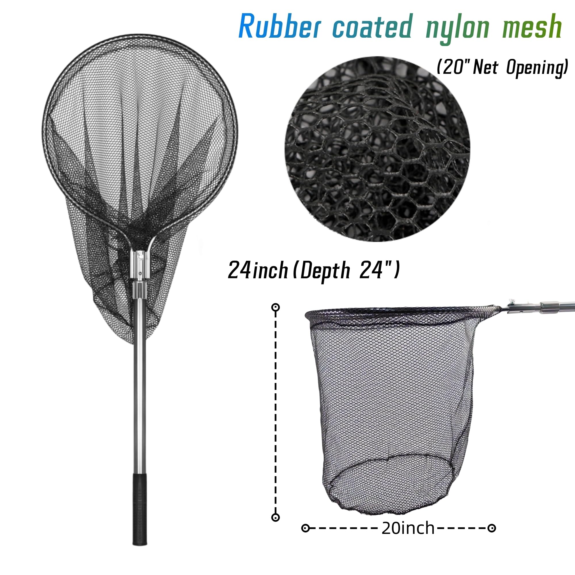 Heavy Duty Extra Large Rubber Fishing Net with Telescoping Handle (67-100 Inch) - Saltwater Landing Net with 20