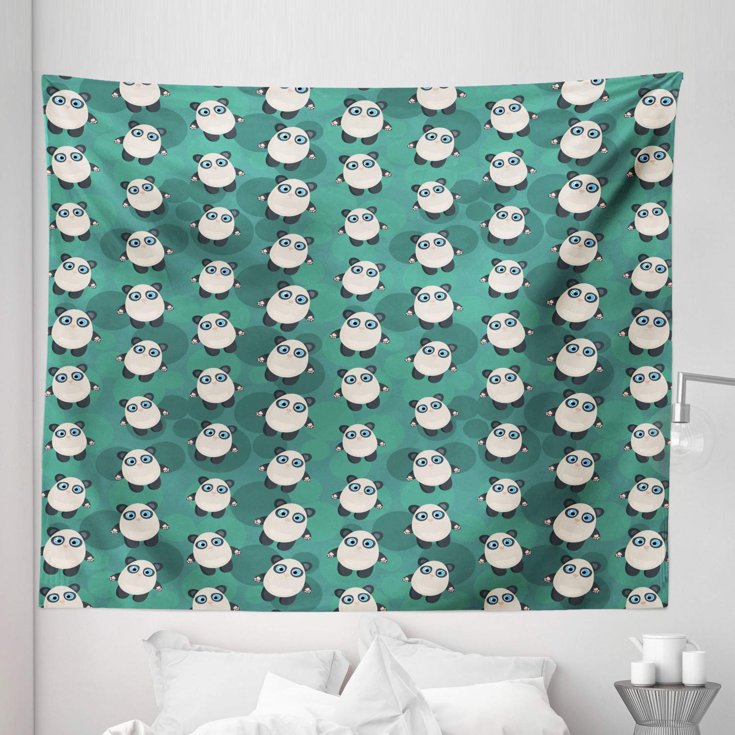 Ambesonne King Size Cartoon Tapestry - Funny Panda with Big Eyes Geometric Bubble Print Wall Hanging, 104x88 Inch Dark Teal Ivory Grey Bedspread - Perfect for Bedroom Decor, Dorm Room Wall Art & Bohemian Home Decoration