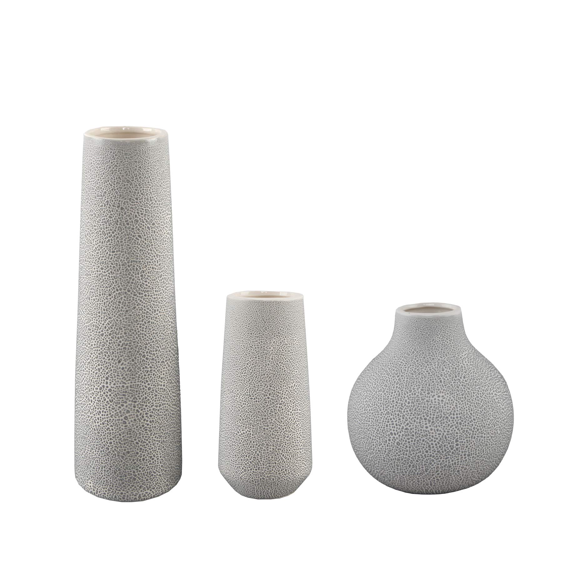 Flora Bunda Mid Century 14 Inch Ceramic Vase Planter with Leather Finish - Grey | Elegant Home Decor for Living Room, Office & Wedding Centerpiece