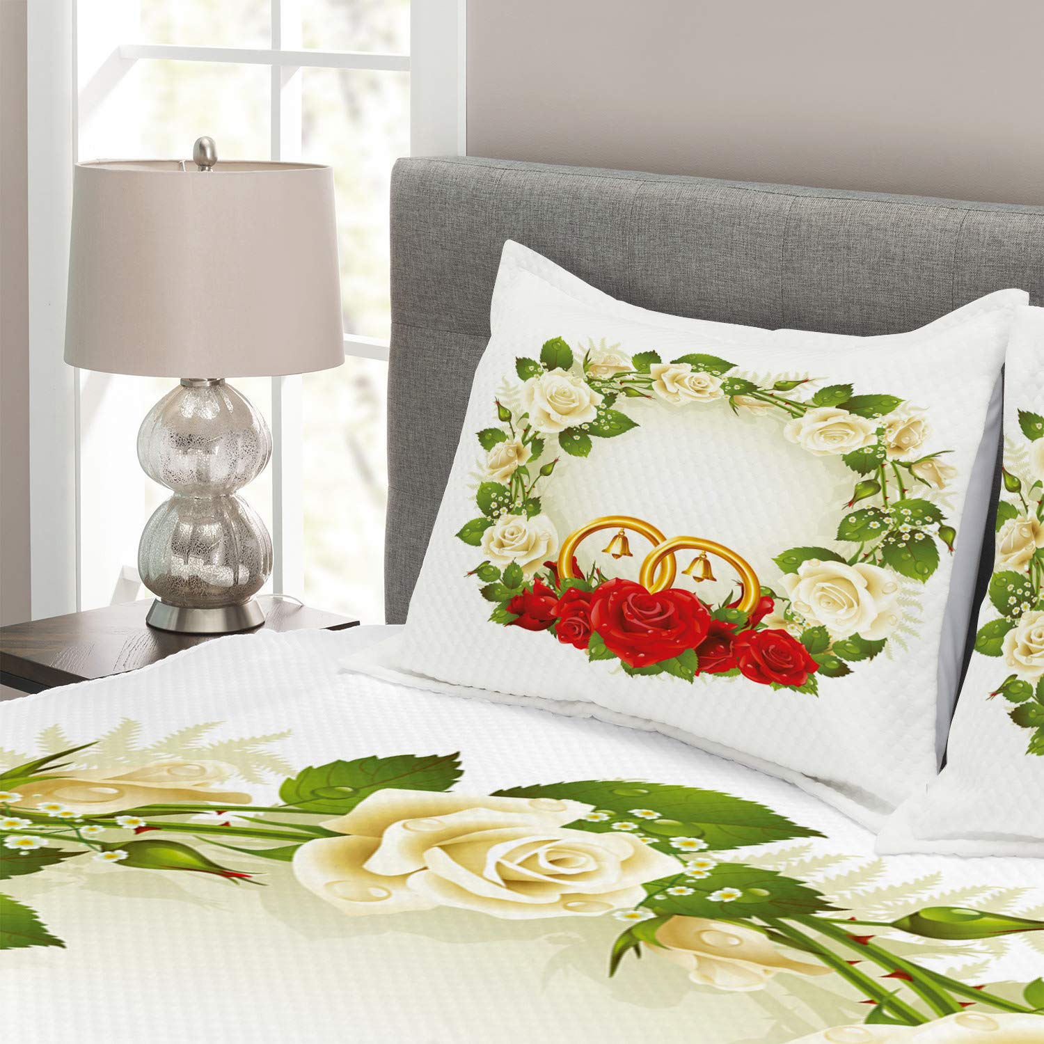 Ambesonne 3-Piece King Size Wedding Bedspread Set with White and Red Roses, Wedding Rings Design - Decorative Bedding Coverlet and 2 Pillow Shams in White, Green, Red - Perfect for Romantic Bedroom Decor, Anniversary Gift, or Honeymoon Suite