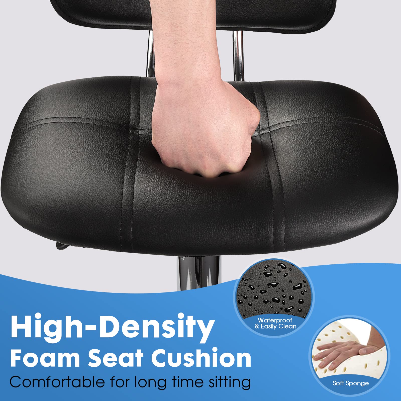 Adjustable Height Square Rolling Stool with Backrest & Wheels - Ergonomic Swivel Chair for Office, Salon, Kitchen & Home Use - Black