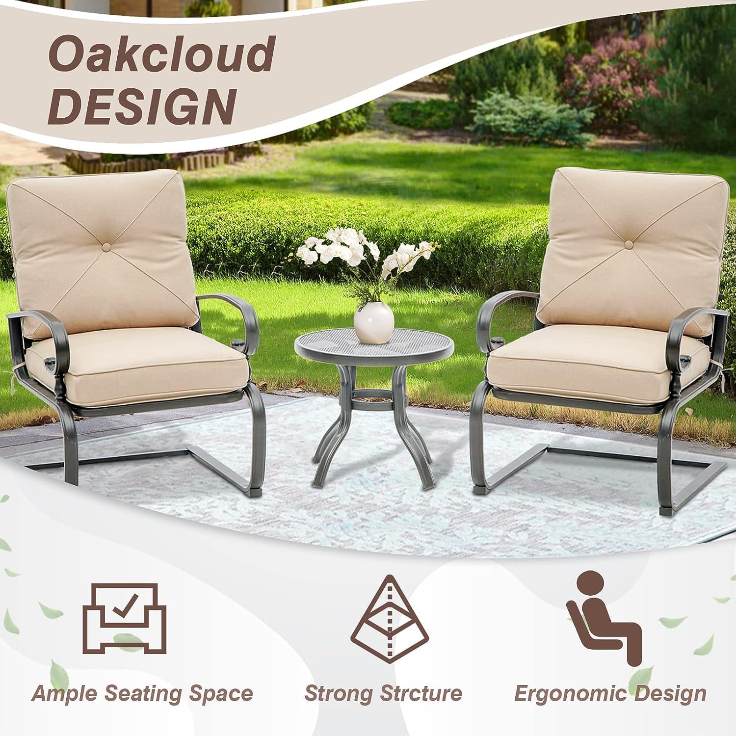 4-Piece Metal Outdoor Patio Conversation Set - Glider Chairs with Round Side Table, Wrought Iron Look Spring Lounge Chairs (Brown) - Perfect for Backyard, Garden, Poolside Relaxation